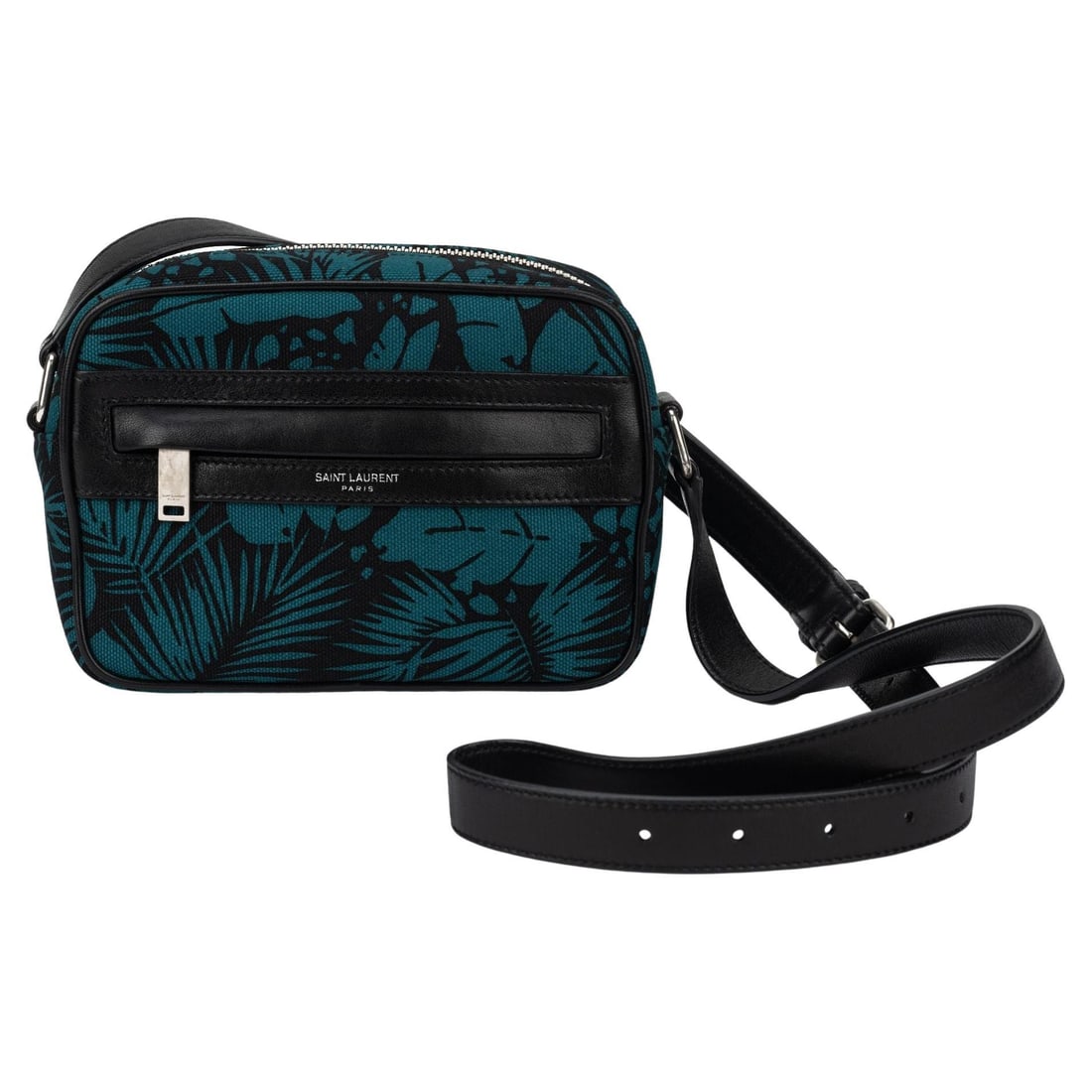 Yves Saint Laurent Palm Tree Print Crossbody Bag with Silver Hardware: Yves Saint Laurent Palm Tree Print Crossbody Bag with Silver Hardware Introducing the Yves Saint Laurent Crossbody Bag, a stylish accessory featuring a vibrant palm tree print on durable canvas. This 