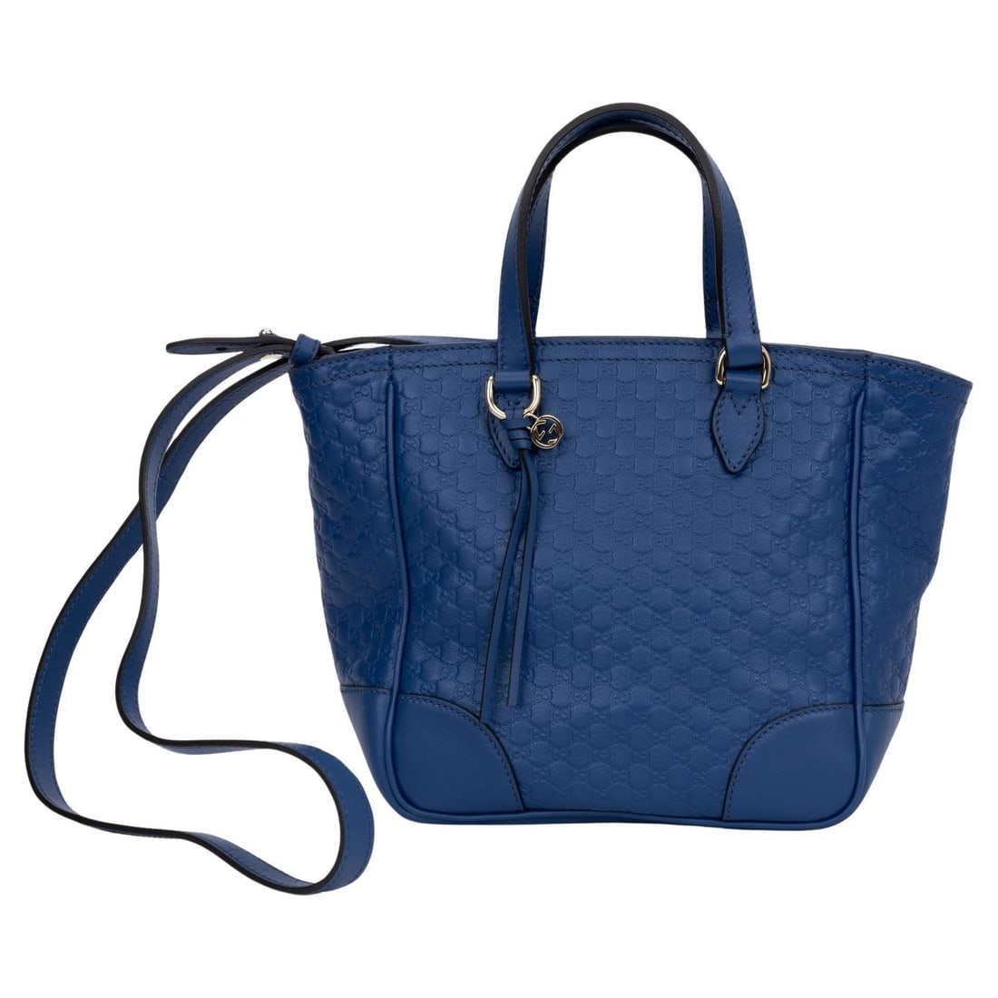 Gucci Blue Leather 2 Way Bag with Multi Logo Print: Gucci Blue Leather 2 Way Bag with Multi Logo Print This Gucci handbag is a stunning addition to any fashion collection. Crafted from luxurious blue leather, it features a multi-logo embossed print tha