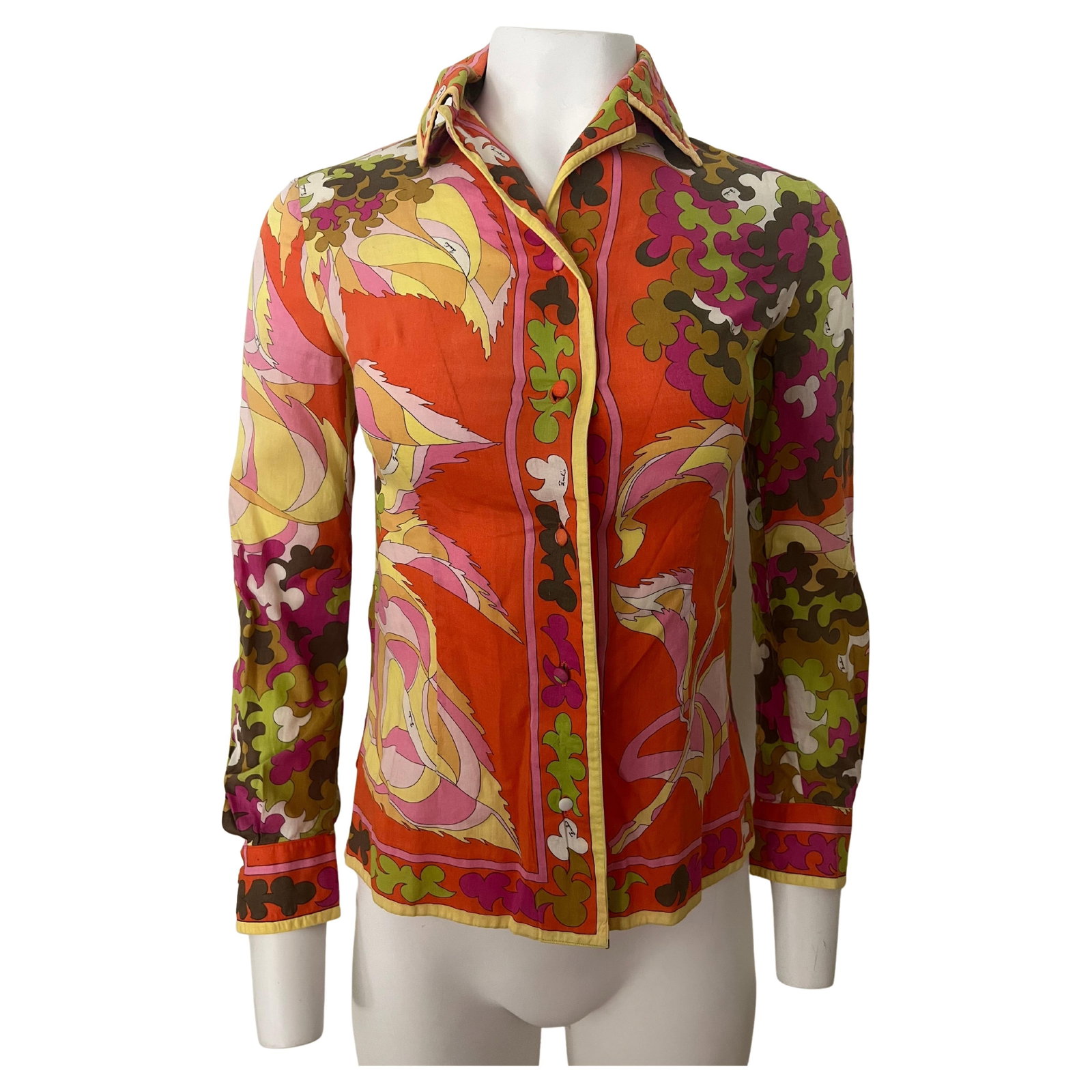 Floral Button Down Blouse Bright Multicolor XS: Floral Button Down Blouse Bright Multicolor XS Vintage multicolored button-down blouse top with a bright floral pattern motif in pink, orange, green, and yellow. The piece is from the late 20th centur