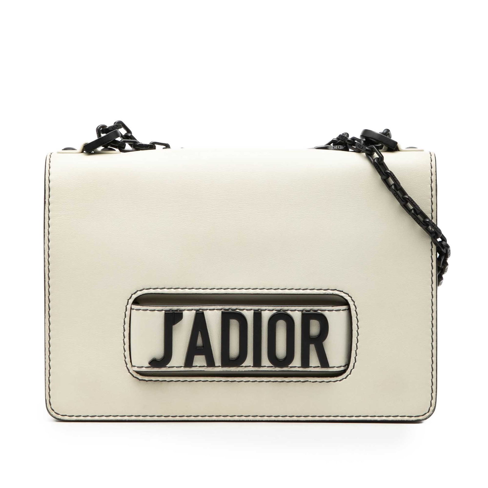 Dior JAdior Medium Chain Flap Shoulder Bag in White Calfskin: Dior JAdior Medium Chain Flap Shoulder Bag in White Calfskin Medium JaDior Chain Flap bag in white calfskin leather with a chain link strap, front flap, magnetic snap button closure, and interior slip