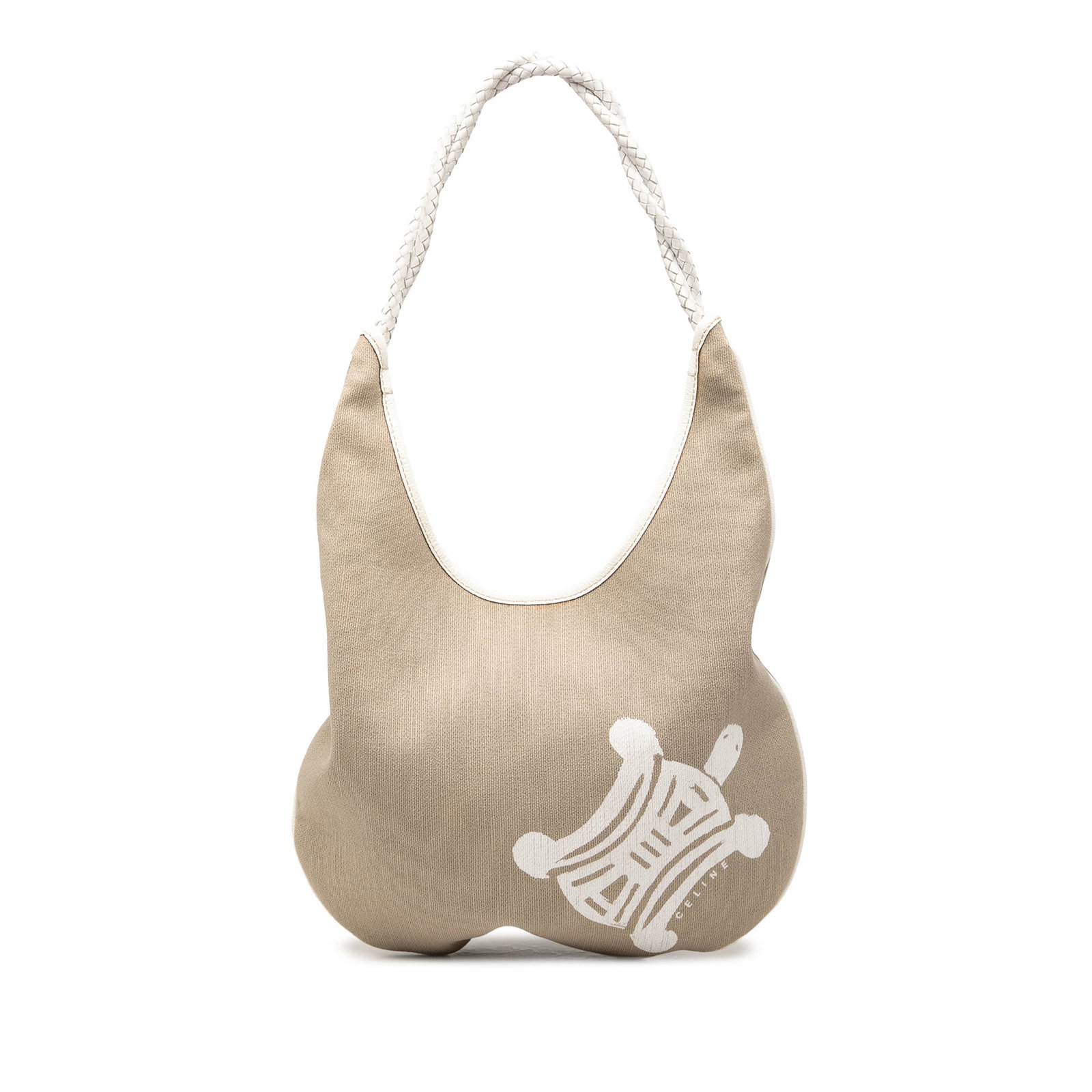 Celine Turtle Hobo Shoulder Bag in Beige Canvas and Leather: Celine Turtle Hobo Shoulder Bag in Beige Canvas and Leather Celine Canvas Turtle Hobo bag in beige with leather trim and rolled woven leather straps. The bag features an open top with snap closure and