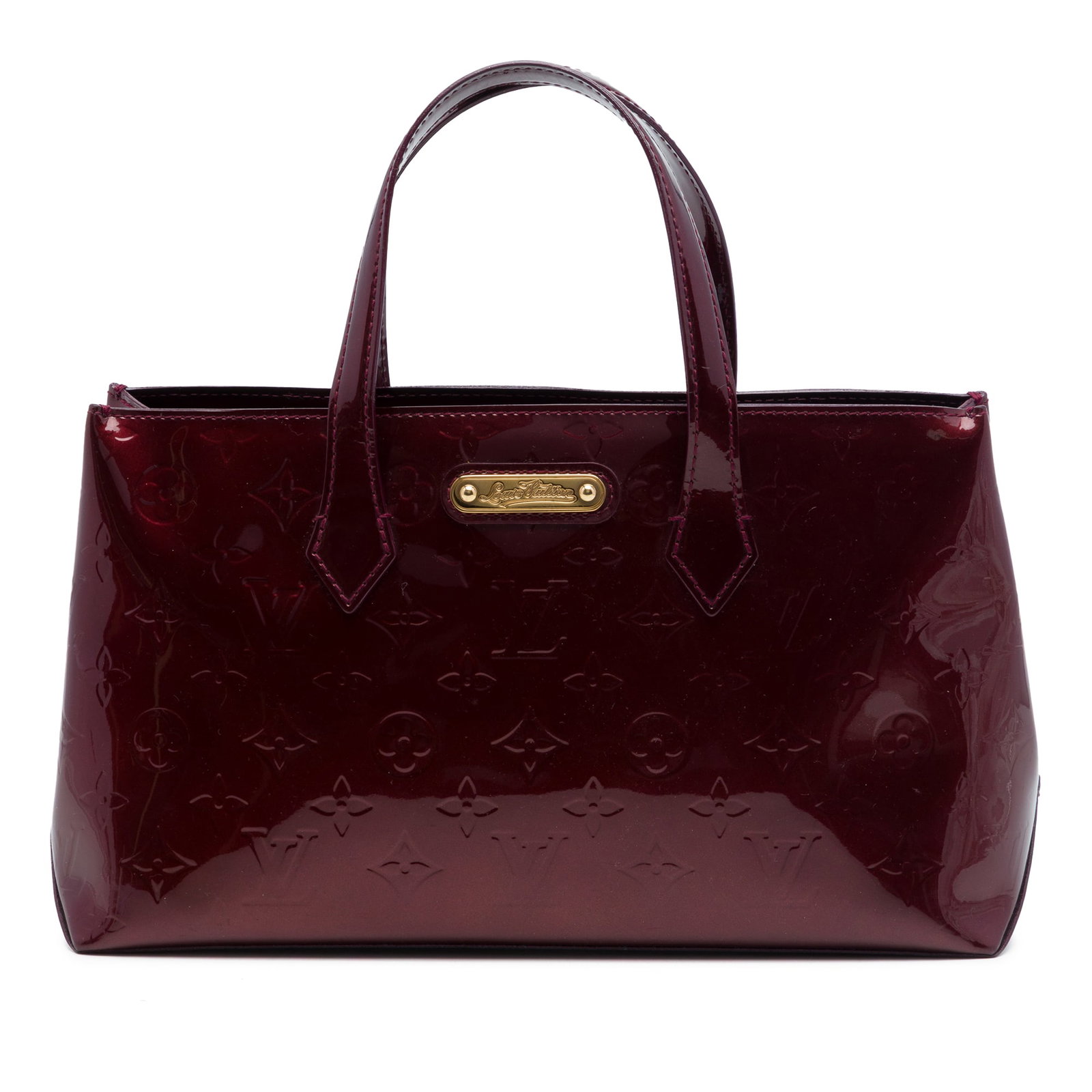 Louis Vuitton Wilshire PM Monogram Vernis red leather handbag: Louis Vuitton Wilshire PM Monogram Vernis red leather handbag Louis Vuitton Monogram Vernis Wilshire PM handbag in red vernis leather with flat leather handles, an open top, lobster claw closure, and 