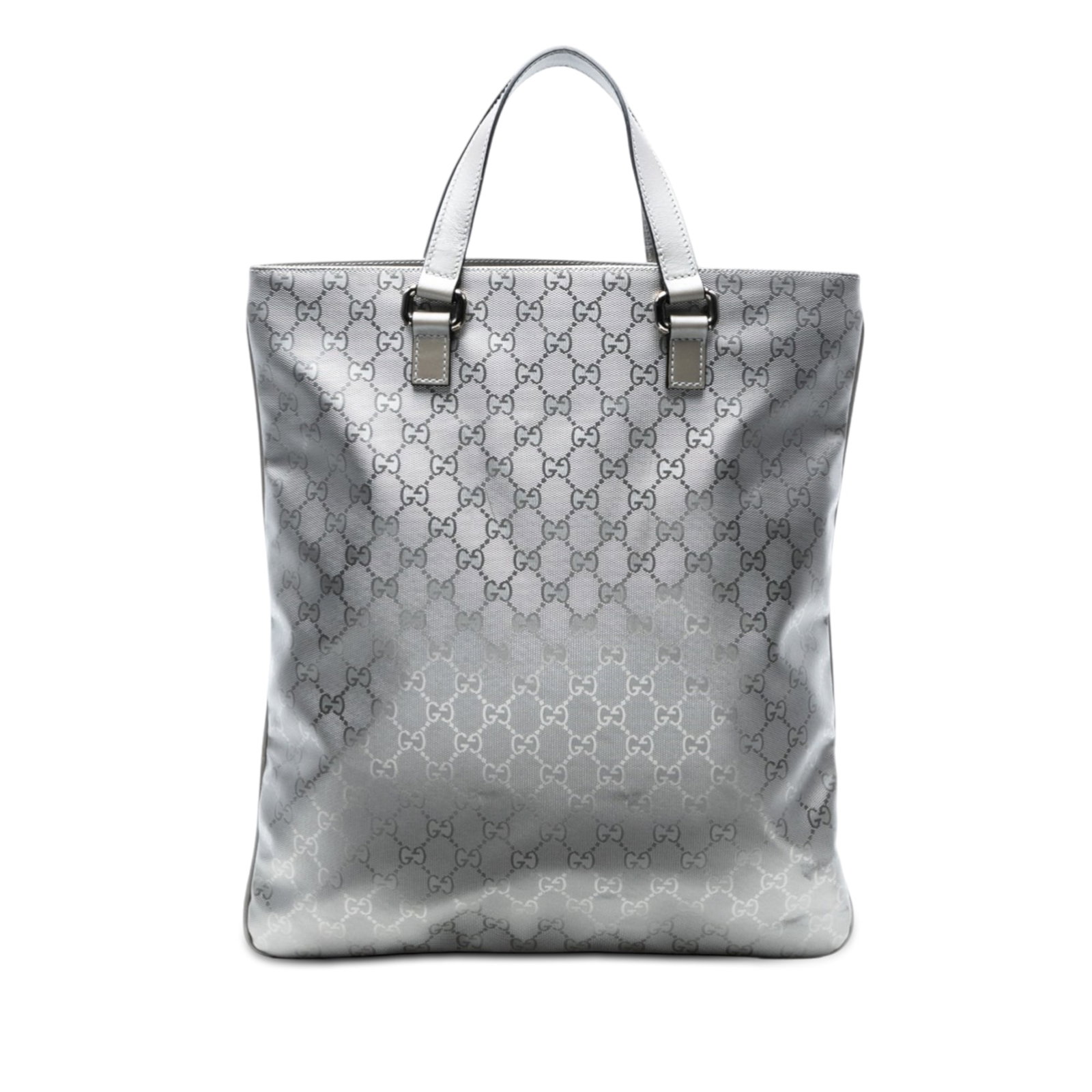Gucci Silver Coated Canvas Vertical Tote Bag: Gucci Silver Coated Canvas Vertical Tote Bag This Gucci GG Imprime Vertical Tote features a coated canvas body with a silver finish, complemented by flat leather handles. The open top is secured with 