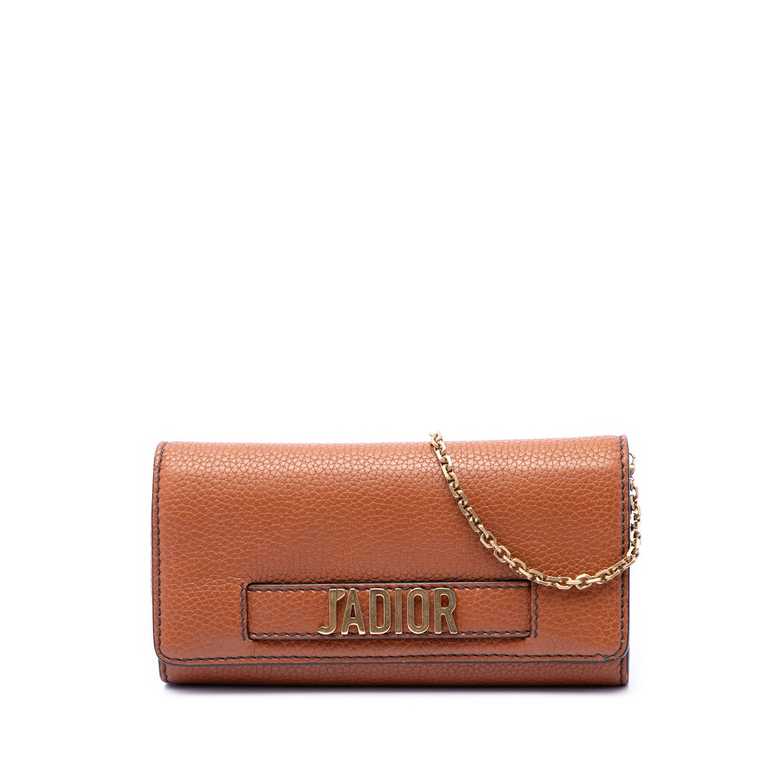 Dior JAdior Wallet on Chain Brown Calfskin Leather: Dior JAdior Wallet on Chain Brown Calfskin Leather Dior JAdior wallet on chain in brown calfskin leather with a front flap and magnetic snap button closure. The interior includes zip and slip pockets,