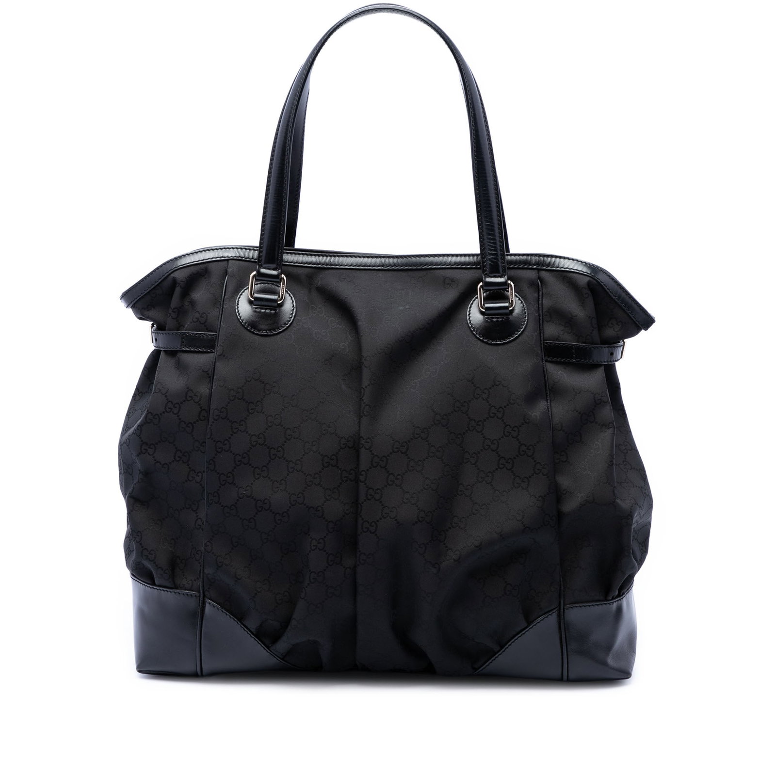 Gucci GG Nylon Full Moon Black Tote Bag: Gucci GG Nylon Full Moon Black Tote Bag Gucci GG Nylon Full Moon Tote in black with a nylon body, leather trim, and flat leather straps. The bag features an open top with a magnetic snap closure and a