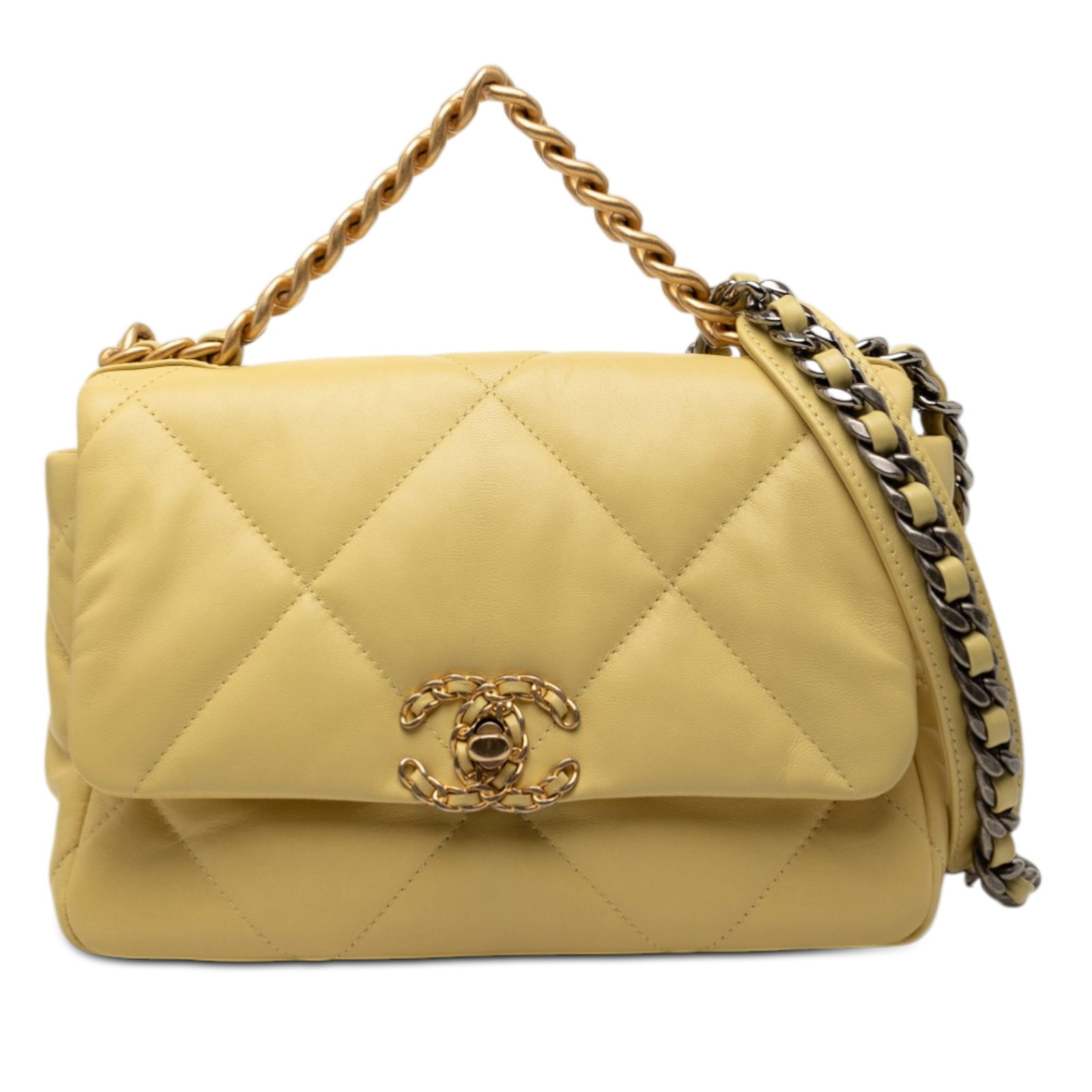 Chanel 19 Flap yellow lambskin bag with chain strap: Chanel 19 Flap yellow lambskin bag with chain strap This Chanel Medium Lambskin 19 Flap bag features a quilted lambskin leather body in yellow, complemented by a chain handle and a woven leather chain