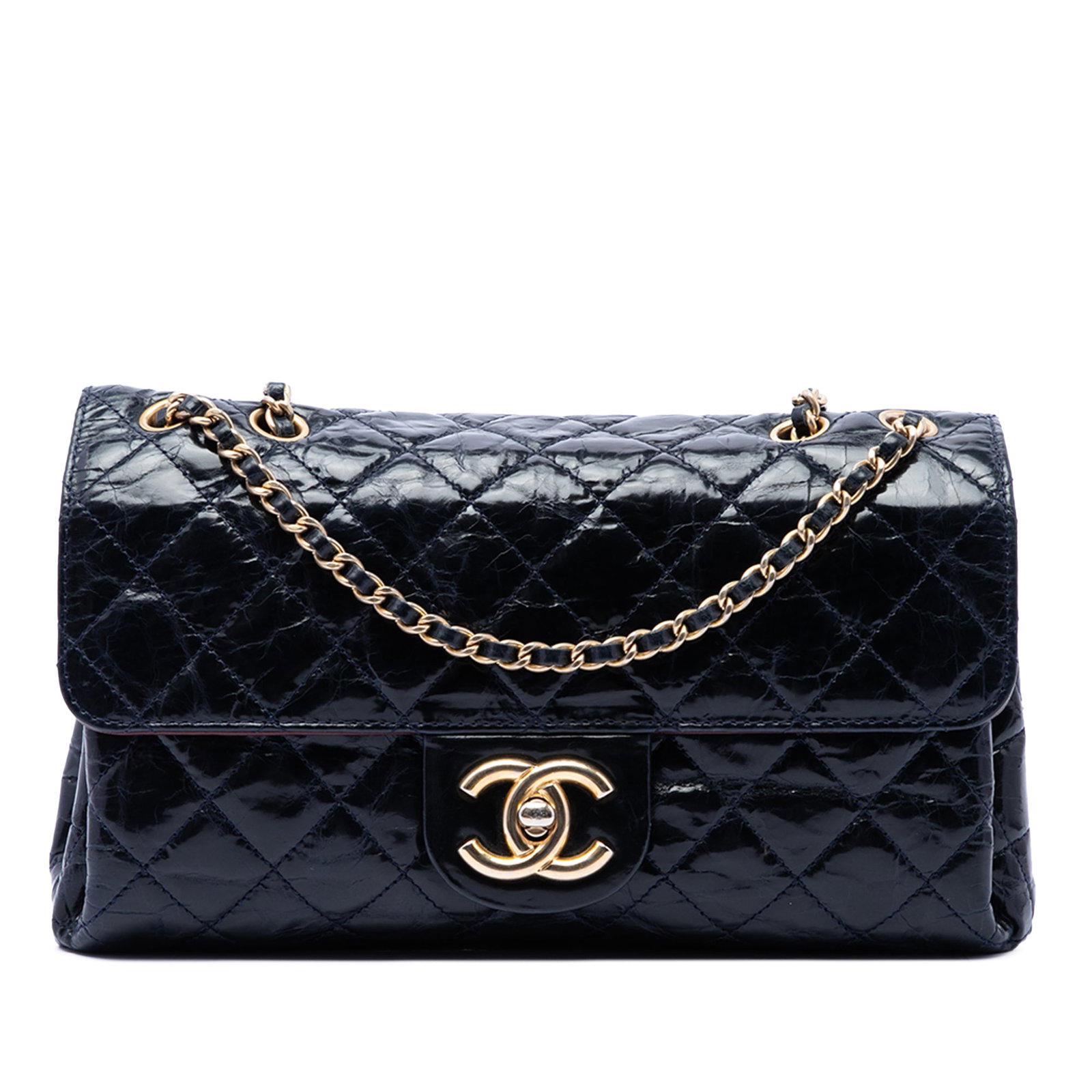 Chanel Accordion Flap Shoulder Bag Blue Quilted Glazed Calfskin: Chanel Accordion Flap Shoulder Bag Blue Quilted Glazed Calfskin Chanel CC Quilted Aged Glazed Calfskin Accordion Flap shoulder bag in blue leather. This bag features a quilted aged glazed calf leather