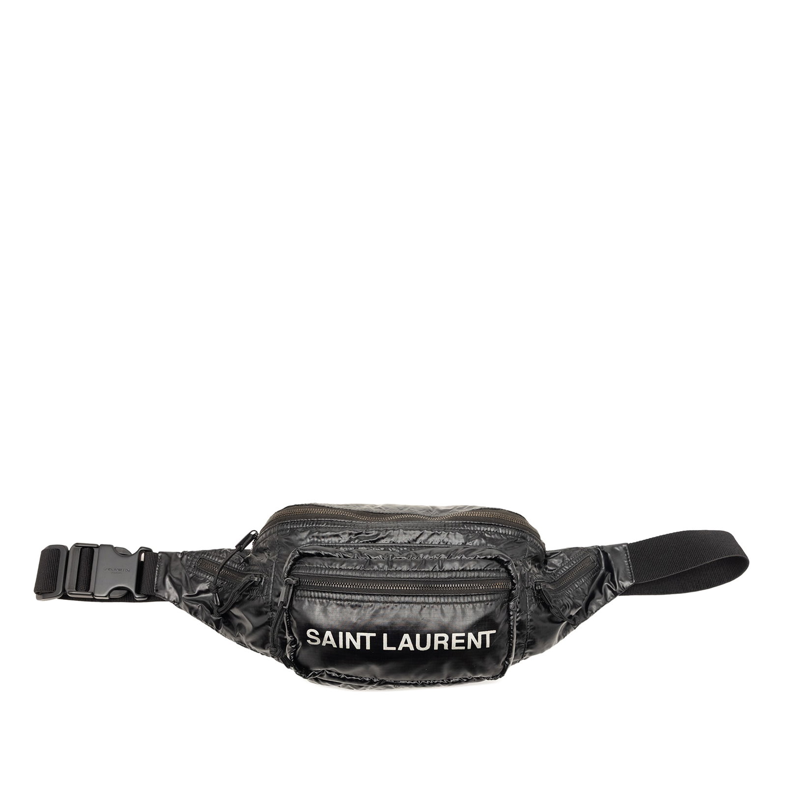Saint Laurent Nuxx nylon belt bag with canvas strap: Saint Laurent Nuxx nylon belt bag with canvas strap This Saint Laurent Nylon Nuxx Belt Bag is crafted from durable black nylon and features an adjustable flat canvas waist strap for a comfortable fit.
