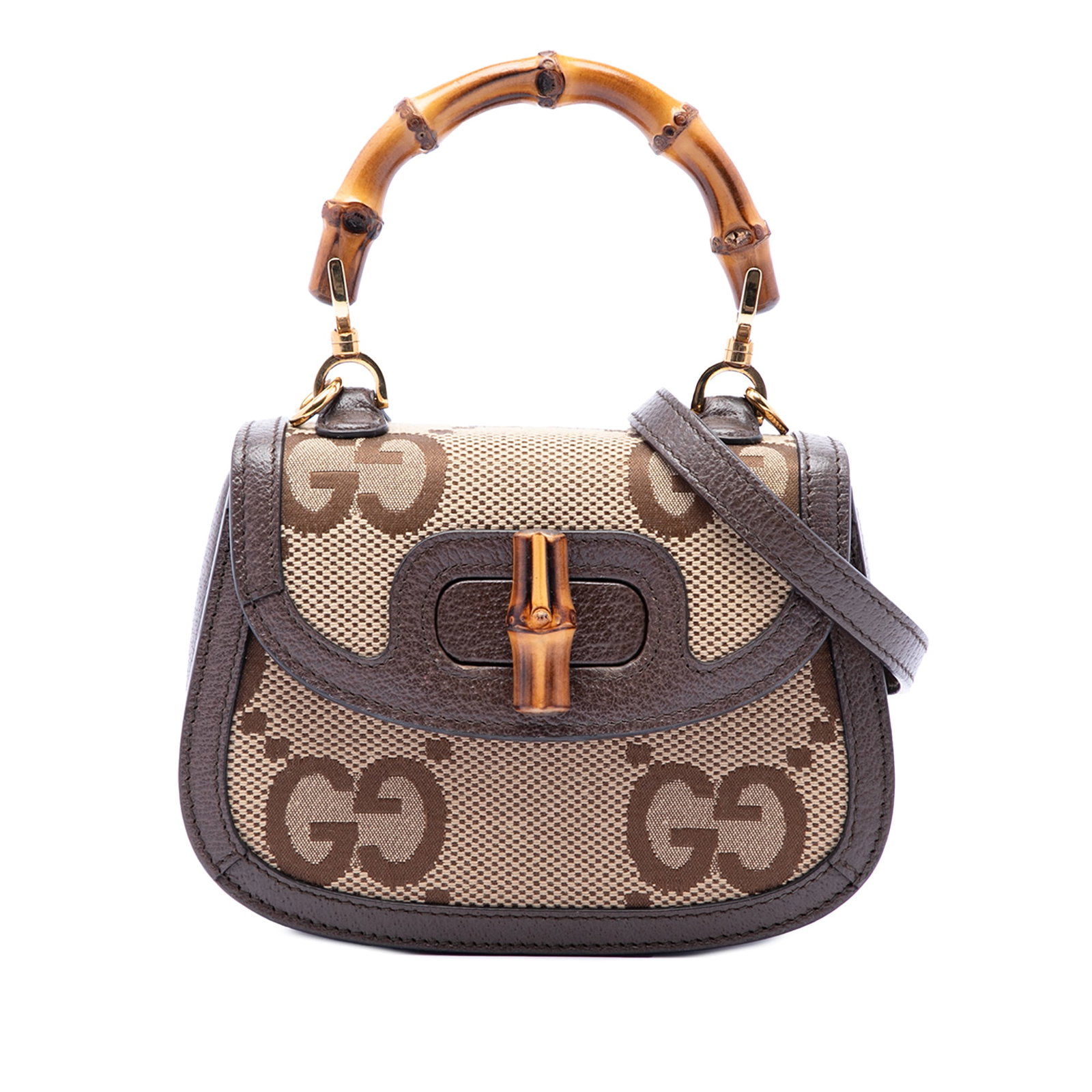 Gucci 1947 Bamboo Mini Top Handle Satchel Jumbo GG Canvas: Gucci 1947 Bamboo Mini Top Handle Satchel Jumbo GG Canvas Gucci Mini Jumbo GG Canvas 1947 Bamboo Top Handle Bag featuring a canvas body with leather trim, a bamboo top handle, a detachable flat leathe