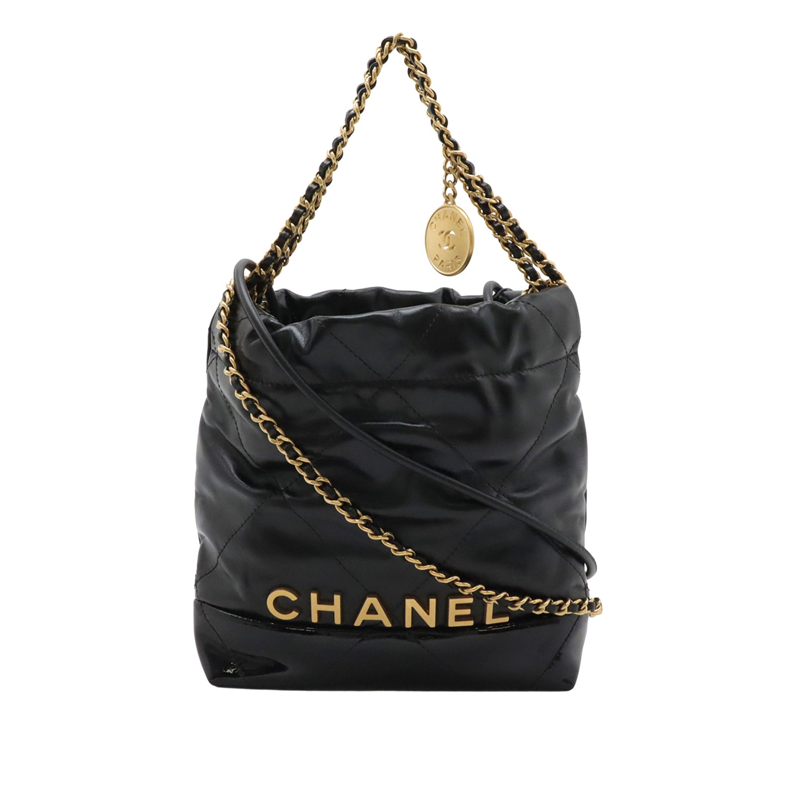 Chanel 22 Mini Handbag in Shiny Calfskin and Patent Leather: Chanel 22 Mini Handbag in Shiny Calfskin and Patent Leather Chanel Mini 22 handbag crafted in shiny quilted calfskin with patent leather trim. This satchel-style bag features leather-woven chain strap