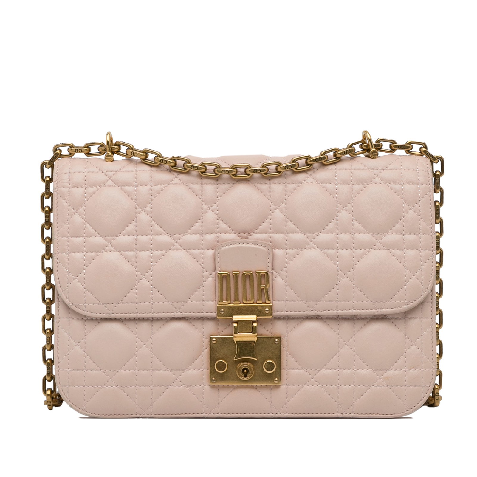 Pink Quilted Leather Dior Cannage Dioraddict Chain Strap Crossbody Bag: Pink Quilted Leather Dior Cannage Dioraddict Chain Strap Crossbody Bag This Dior Cannage Dioraddict Crossbody bag features a quilted leather body in pink, a chain link shoulder strap, and a front flap