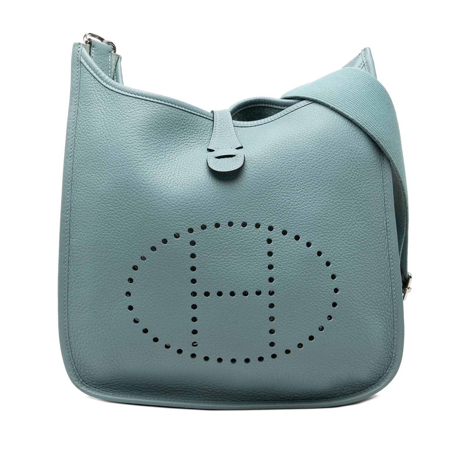 Hermes Evelyne III 29 Blue Jean Clemence Leather Shoulder Bag: Hermes Evelyne III 29 Blue Jean Clemence Leather Shoulder Bag Hermes Evelyne III 29 shoulder bag crafted in Clemence leather. This bag features a Blue Jean leather body, an adjustable and detachable f
