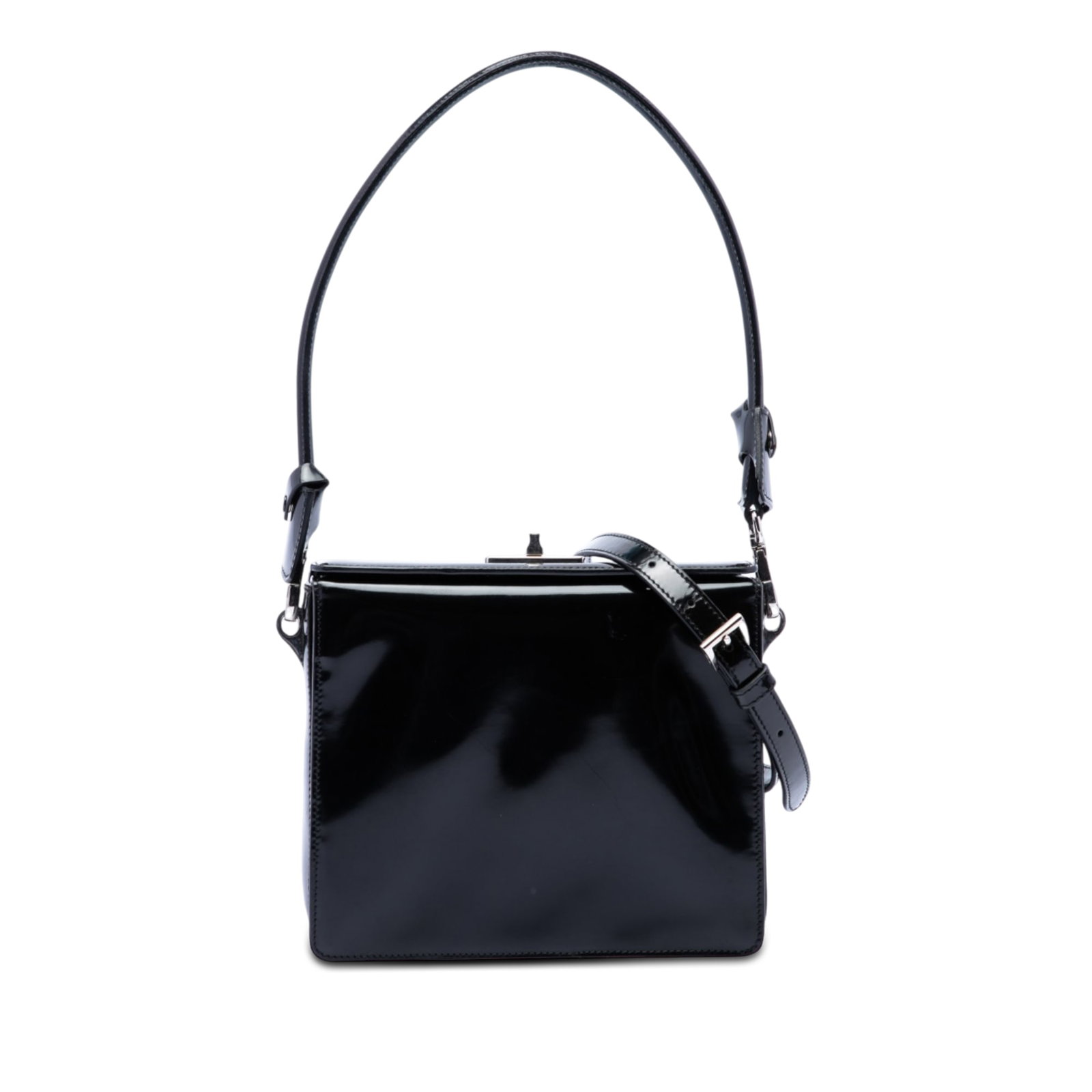 Prada black patent leather satchel with turnlock closure: Prada black patent leather satchel with turnlock closure Prada patent leather satchel with a structured silhouette, top flap, and turnlock closure. The bag features a flat top handle, a detachable fla