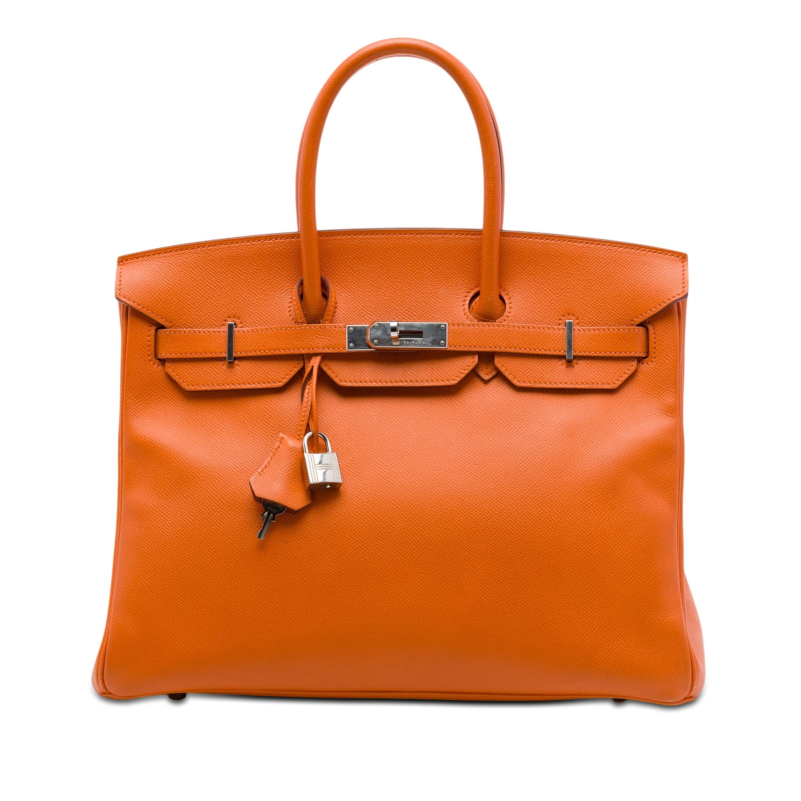 Hermes Birkin Retourne 35 Epsom Leather Handbag Potiron: Hermes Birkin Retourne 35 Epsom Leather Handbag Potiron Hermes Birkin Retourne 35 crafted in Potiron Epsom leather with rolled leather handles and a front flap with strap and turn-lock closure. The in