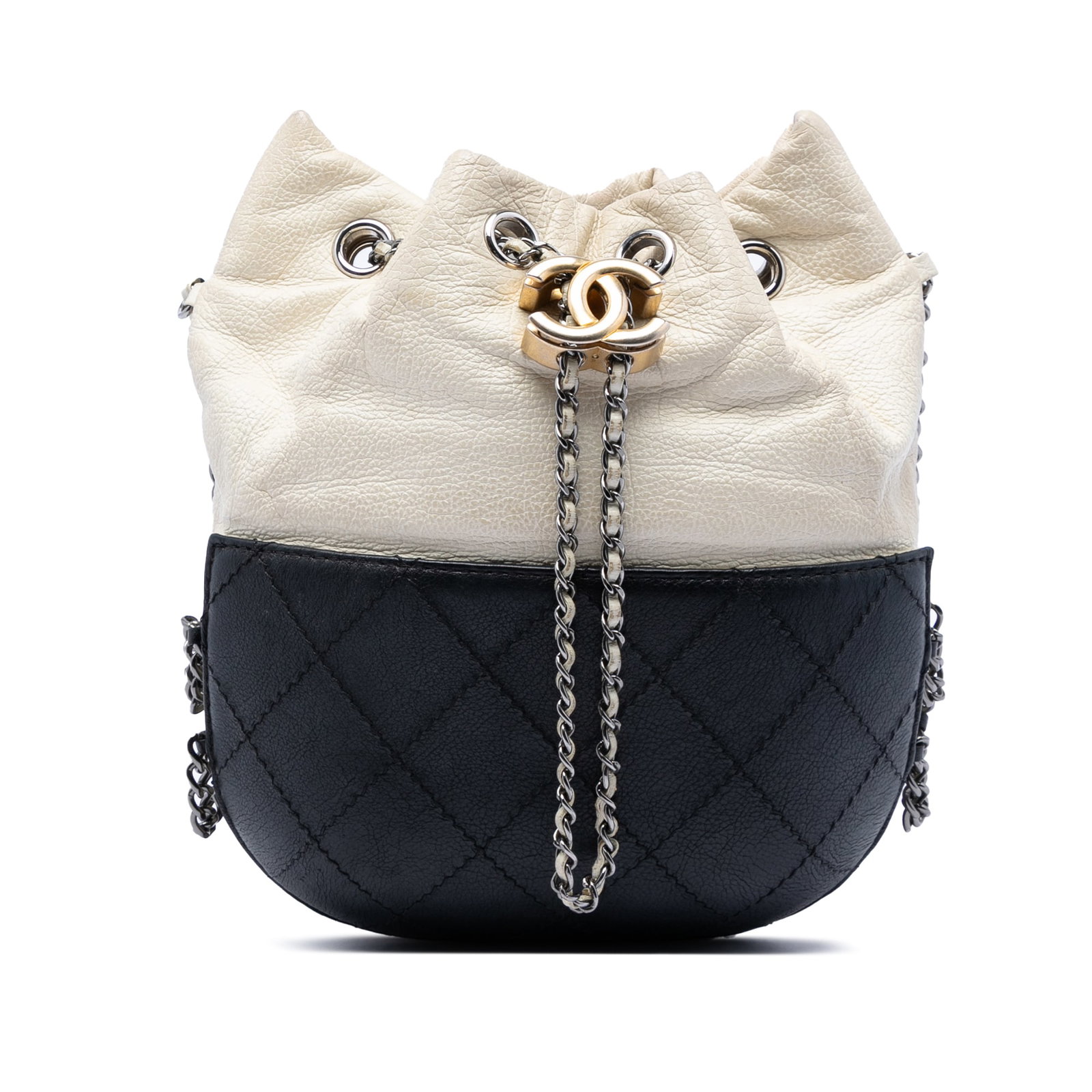 Chanel Gabrielle Small Bicolor Quilted Calfskin Bucket Bag: Chanel Gabrielle Small Bicolor Quilted Calfskin Bucket Bag This Chanel Gabrielle bucket bag is crafted in bicolor quilted calfskin with a leather-woven chain link strap and leather guard. The design f