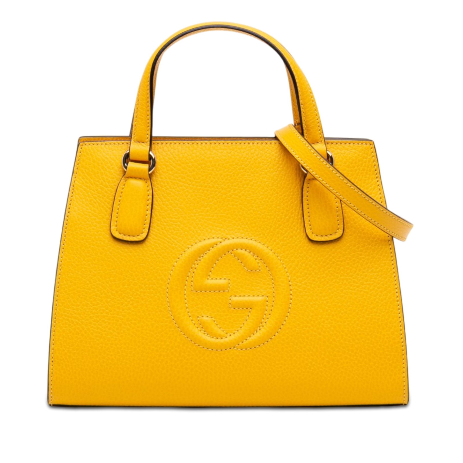 Gucci Soho Medium Leather Satchel with Shoulder Strap Yellow: Gucci Soho Medium Leather Satchel with Shoulder Strap Yellow Gucci Medium Calfskin Soho Top Handle Convertible Tote in yellow leather. This satchel-style bag features flat leather handles, a detachabl