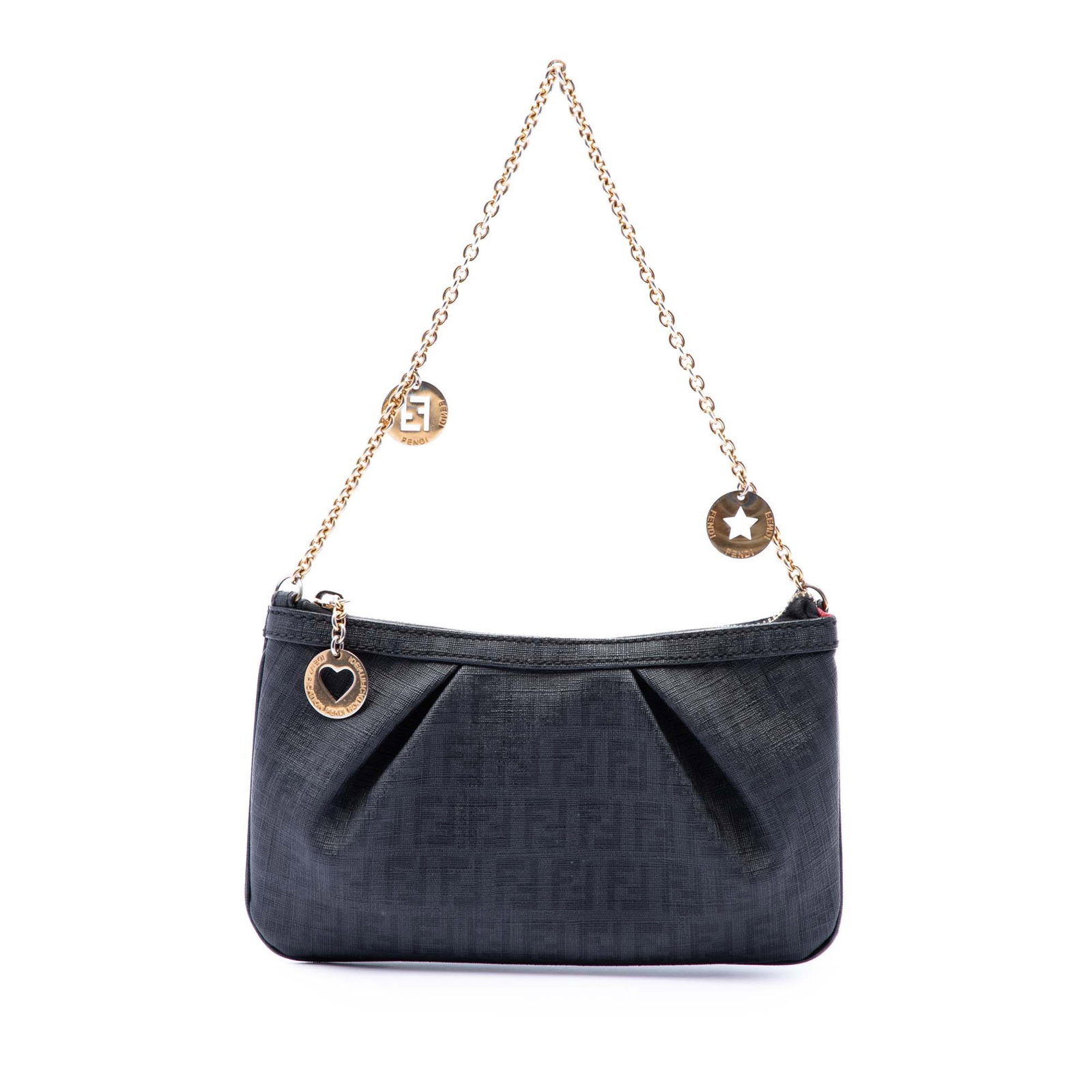 Fendi Zucchino Spalmati shoulder bag with chain strap: Fendi Zucchino Spalmati shoulder bag with chain strap Fendi Zucchino Spalmati Chain Pochette shoulder bag crafted with a canvas body and leather trim. It features a gold-tone chain strap and a top zip