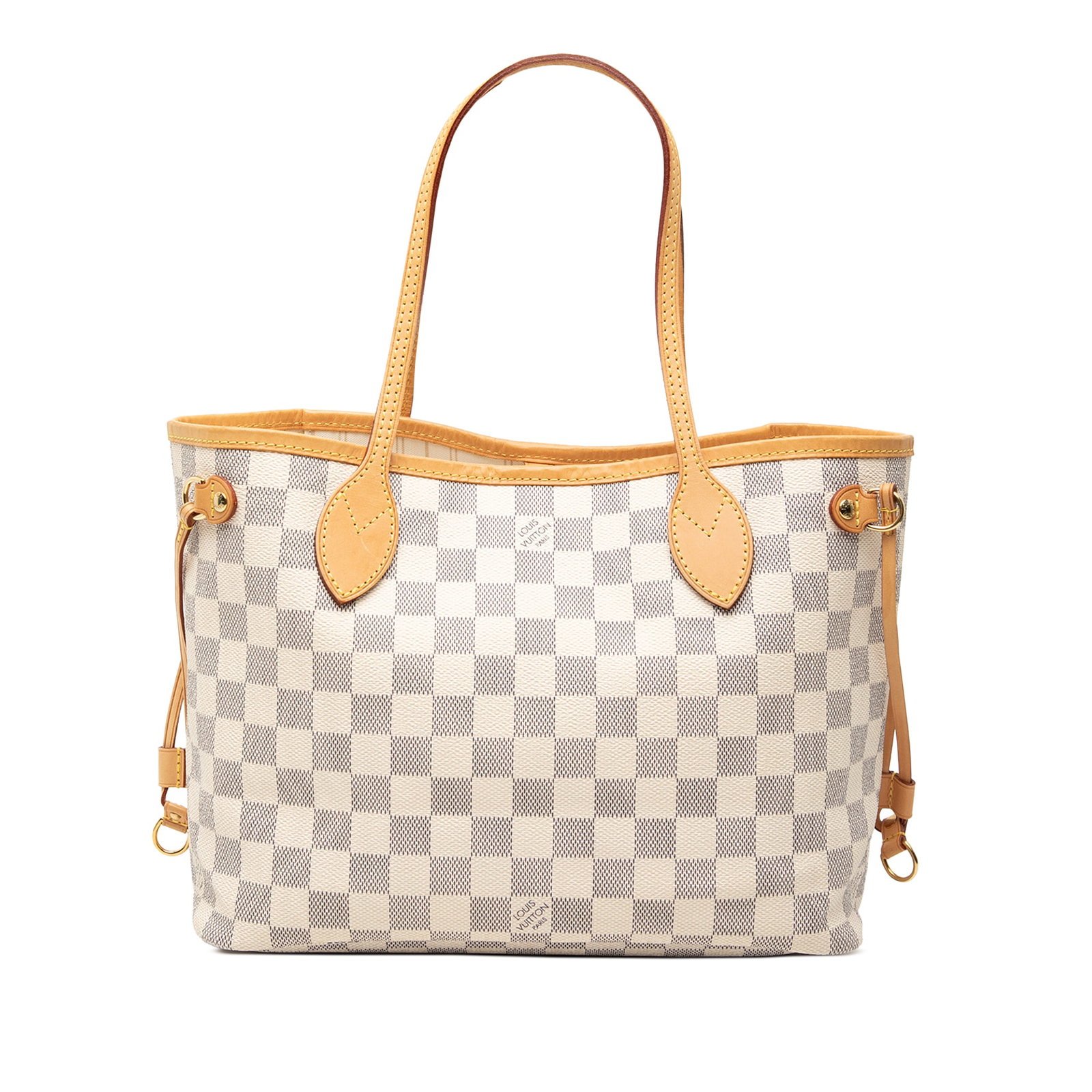 Louis Vuitton Damier Azur PM Tote Bag: Louis Vuitton Damier Azur PM Tote Bag This Louis Vuitton Damier Azur Neverfull PM features a signature Damier canvas body complemented by leather trim and flat shoulder straps. The open top design off