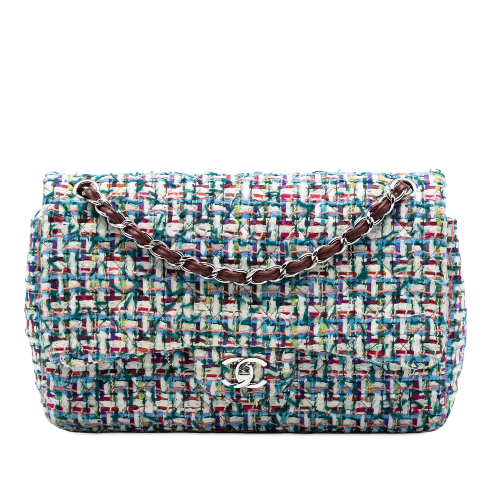 Chanel Jumbo Classic Flap Tweed Shoulder Bag Double CC Lock: Chanel Jumbo Classic Flap Tweed Shoulder Bag Double CC Lock Chanel Jumbo Classic Tweed Double Flap bag with a tweed body, leather-woven chain link straps, double front flaps, and a CC turn-lock closur