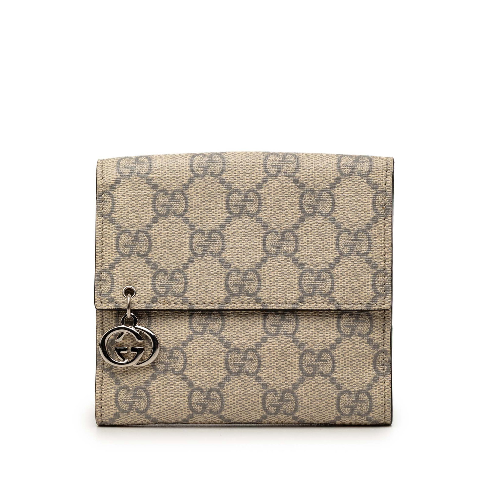 Gucci GG Supreme French Flap Wallet with Interlocking G Pierce: Gucci GG Supreme French Flap Wallet with Interlocking G Pierce Gucci GG Supreme Interlocking G Pierce French Flap Wallet in beige with a coated canvas body. The design includes a flap coin compartment