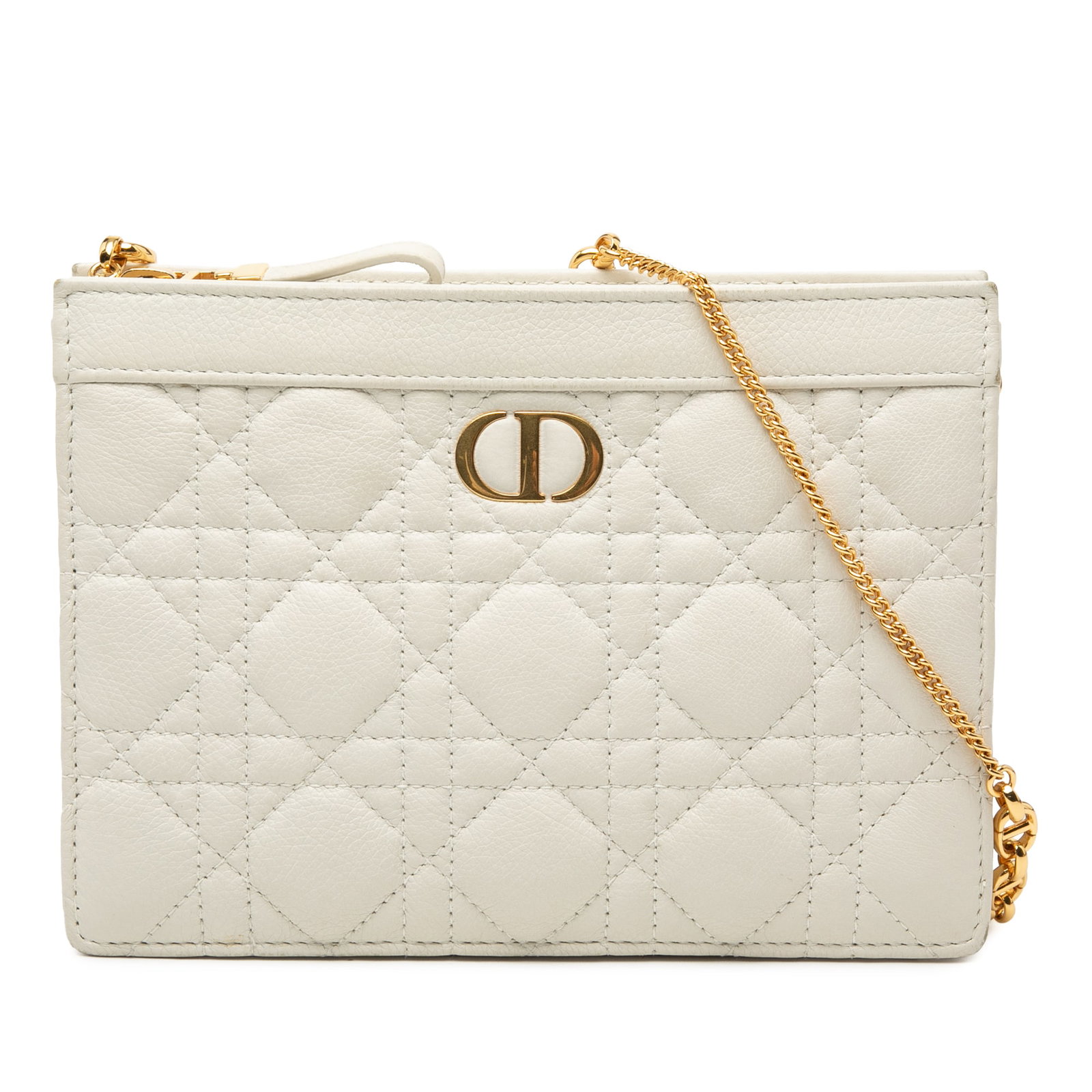 Dior Caro Every Pouch Leather Crossbody Bag White: Dior Caro Every Pouch Leather Crossbody Bag White This Dior Supple Cannage Calfskin Caro Every Dior Pouch is a white leather crossbody bag featuring a gold-tone curb chain link strap, top zip closure,