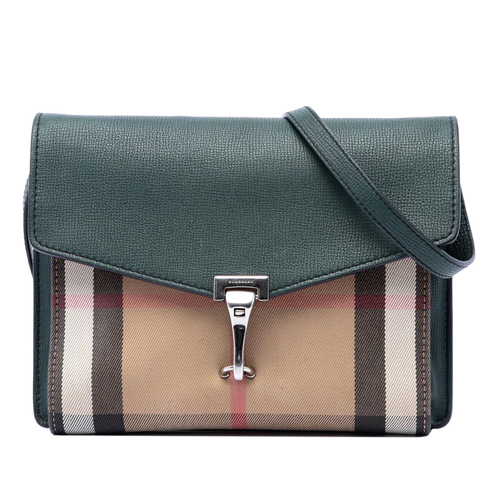 Burberry Macken Small Crossbody Bag in Leather and House Check Canvas: Burberry Macken Small Crossbody Bag in Leather and House Check Canvas Burberry Small Derby Macken crossbody bag crafted with a leather and House Check canvas body. This crossbody features an adjustabl