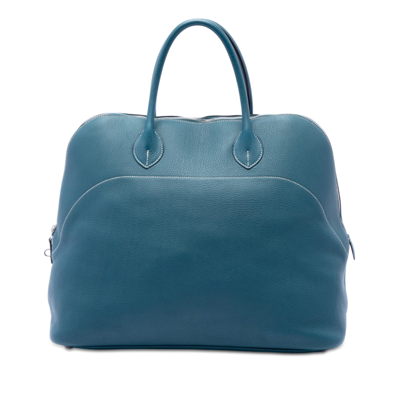 Hermes Bolide Relax 45 Evercolor Leather Blue Bag: Hermes Bolide Relax 45 Evercolor Leather Blue Bag The Hermes Evercolor Bolide Relax 45 showcases a Colvert blue Evercolor leather body with rolled leather handles, a top zip closure, and interior slip