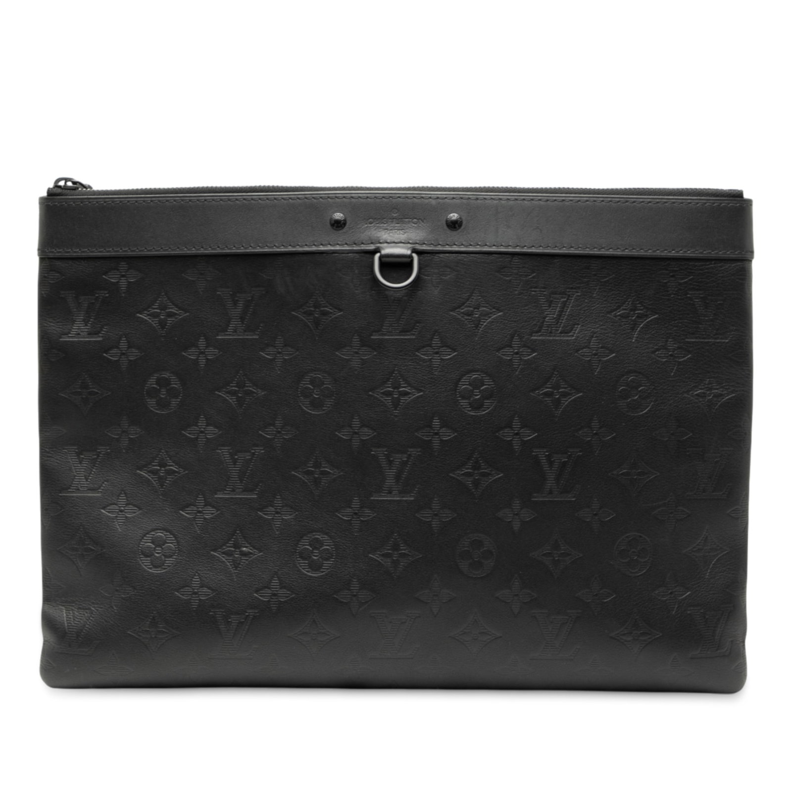 Black Leather Discovery Pouch by Louis Vuitton Monogram Shadow: Black Leather Discovery Pouch by Louis Vuitton Monogram Shadow The Louis Vuitton Monogram Shadow Discovery Pochette features a black leather body with a top zip closure and an interior slip pocket. No