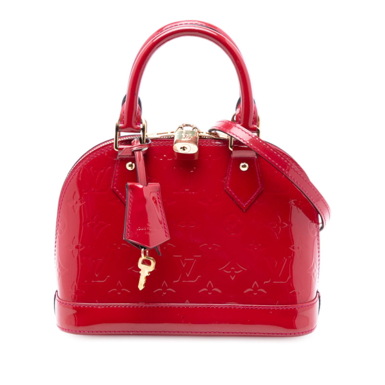 Red Leather Alma BB Handbag by Louis Vuitton Monogram Vernis: Red Leather Alma BB Handbag by Louis Vuitton Monogram Vernis This Louis Vuitton Monogram Vernis Alma BB handbag features glossy monogram vernis leather, rolled leather handles, a detachable flat leath