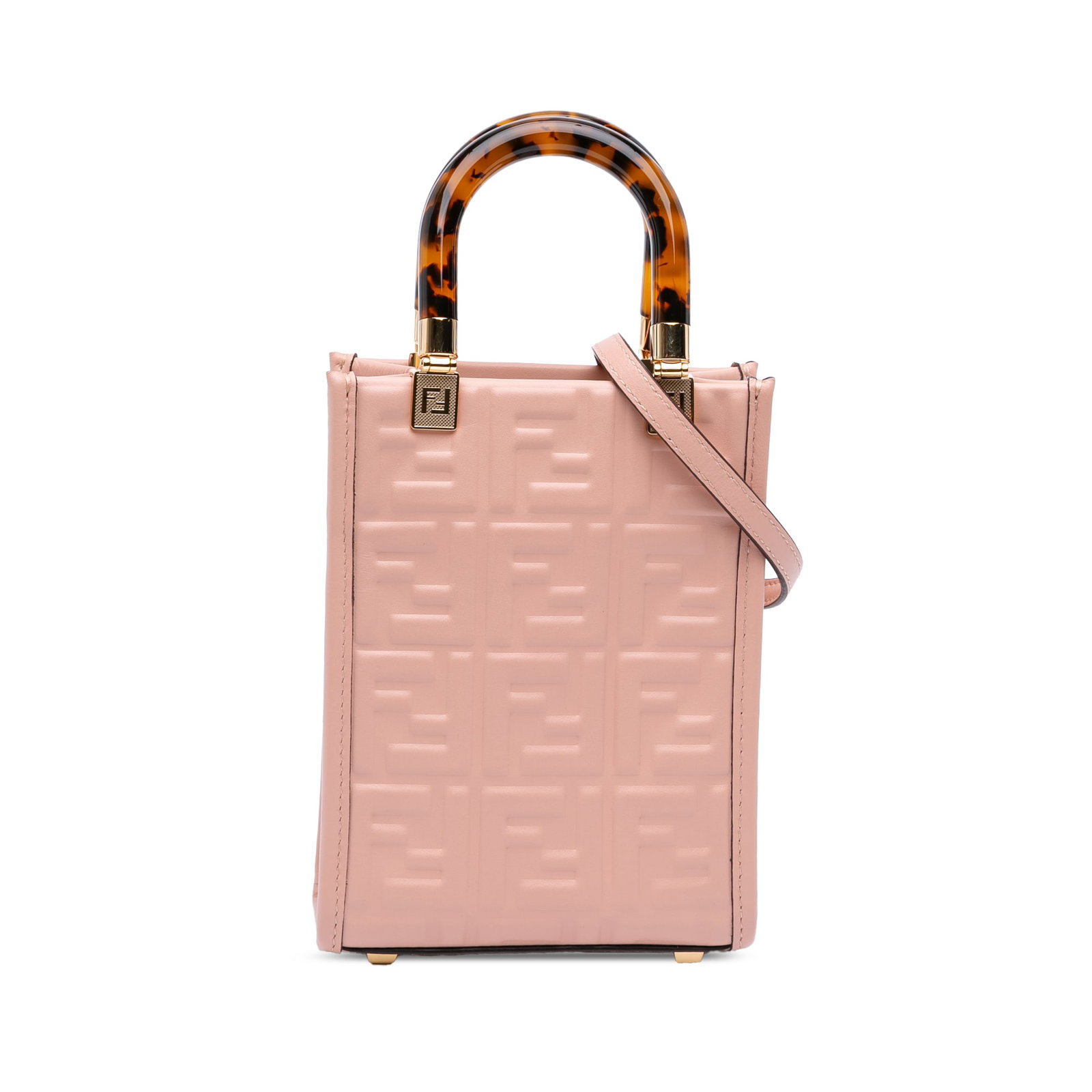Fendi Sunshine Shopper Mini Pink Embossed Leather Tote with Acrylic Handles: Fendi Sunshine Shopper Mini Pink Embossed Leather Tote with Acrylic Handles This Fendi Mini Zucca Sunshine Shopper Tote features pink embossed leather, rolled acrylic top handles, and a detachable fla