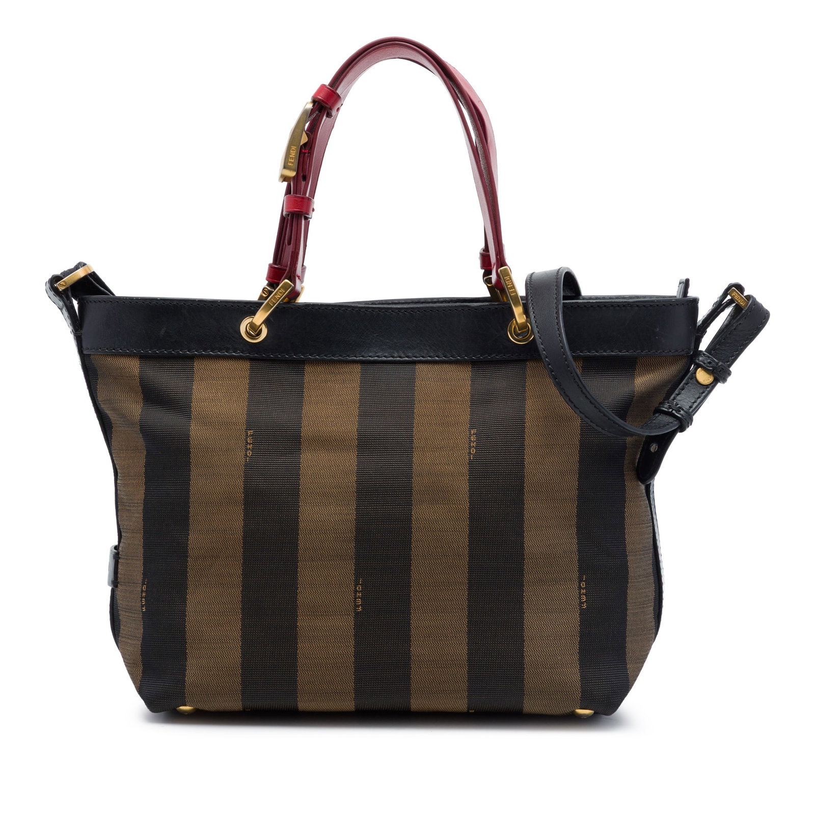 Fendi Pequin Stripe Canvas Satchel with Leather Trim: Fendi Pequin Stripe Canvas Satchel with Leather Trim Fendi Pequin Stripe satchel in brown canvas with leather trim. The bag features flat leather handles, a detachable flat shoulder strap, a top zip c