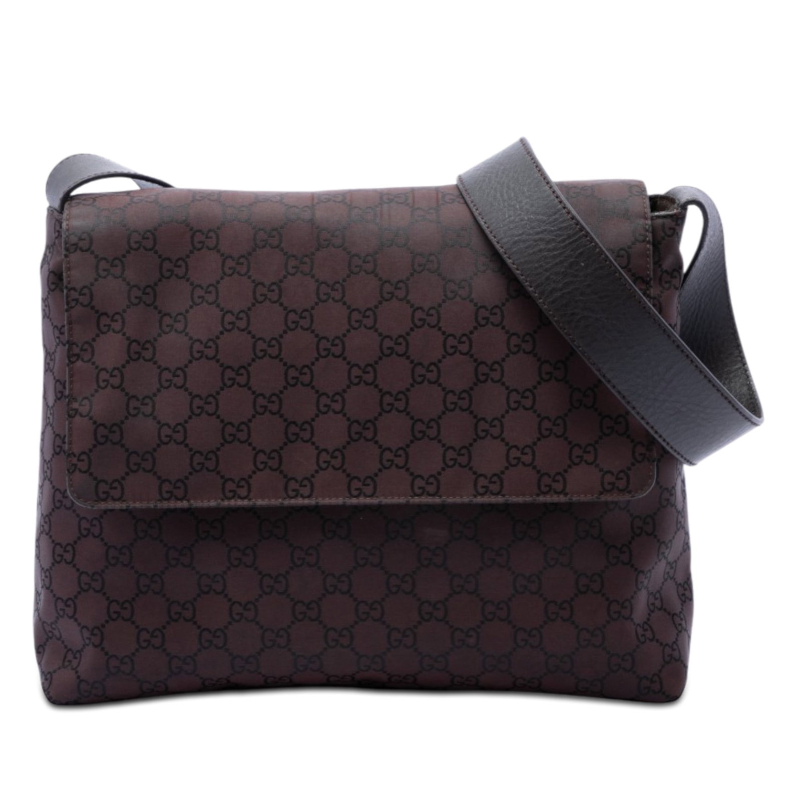 Gucci GG Nylon Brown Crossbody Bag: Gucci GG Nylon Brown Crossbody Bag This Gucci GG Nylon Crossbody bag features a durable nylon body complemented by a flat leather strap. The design includes a front flap with a magnetic snap button cl