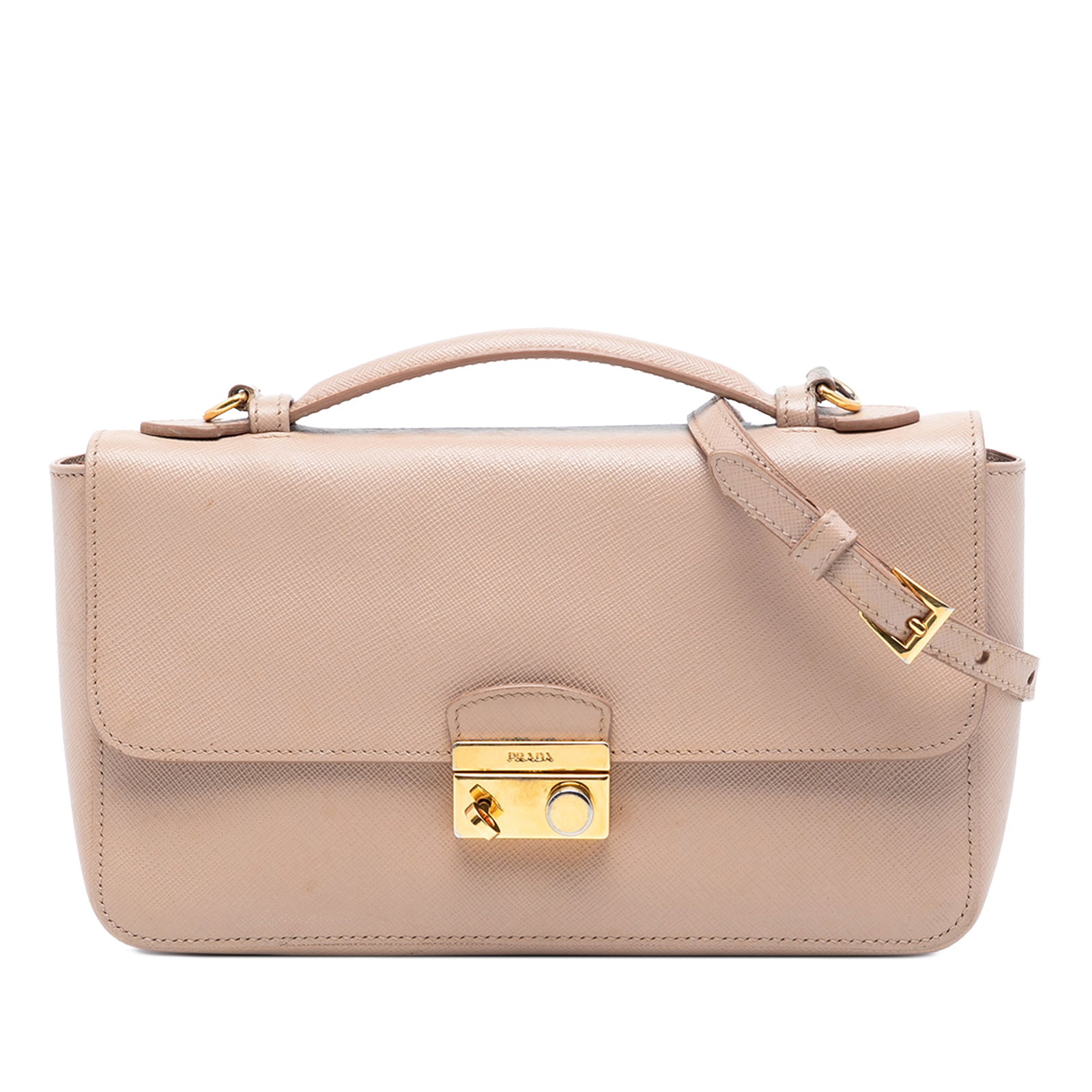Brown Leather Satchel with Saffiano Finish and Sound Lock by Prada: Brown Leather Satchel with Saffiano Finish and Sound Lock by Prada This Prada Saffiano Sound Lock Satchel features a structured brown saffiano leather body, a flat leather top handle, and a detachable