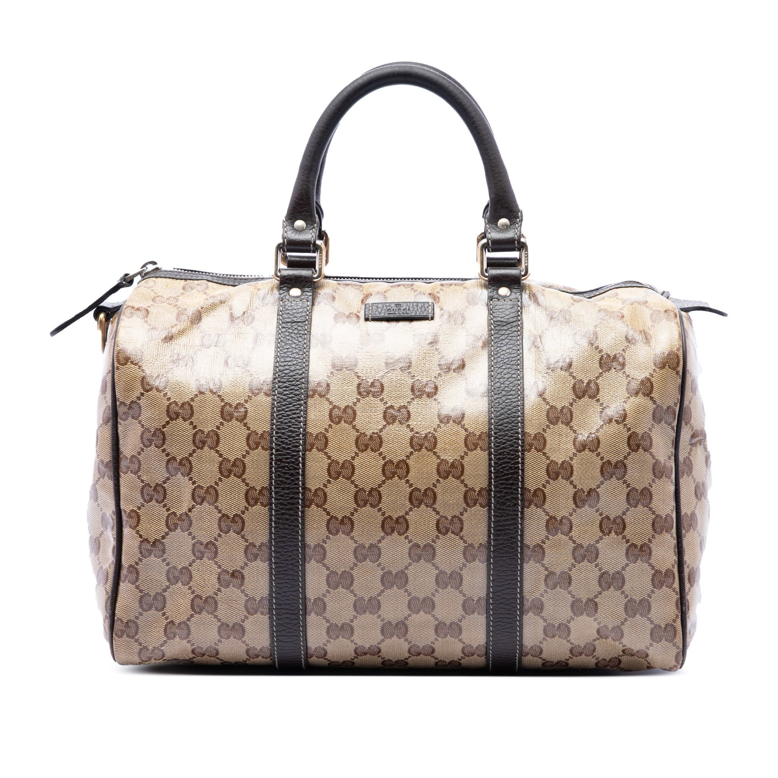 Gucci GG Crystal Joy Medium Boston Handbag Beige: Gucci GG Crystal Joy Medium Boston Handbag Beige Gucci Medium GG Crystal Joy Boston Bag in beige with a coated canvas body, leather trim, rolled leather handles, top zip closure, and an interior slip 