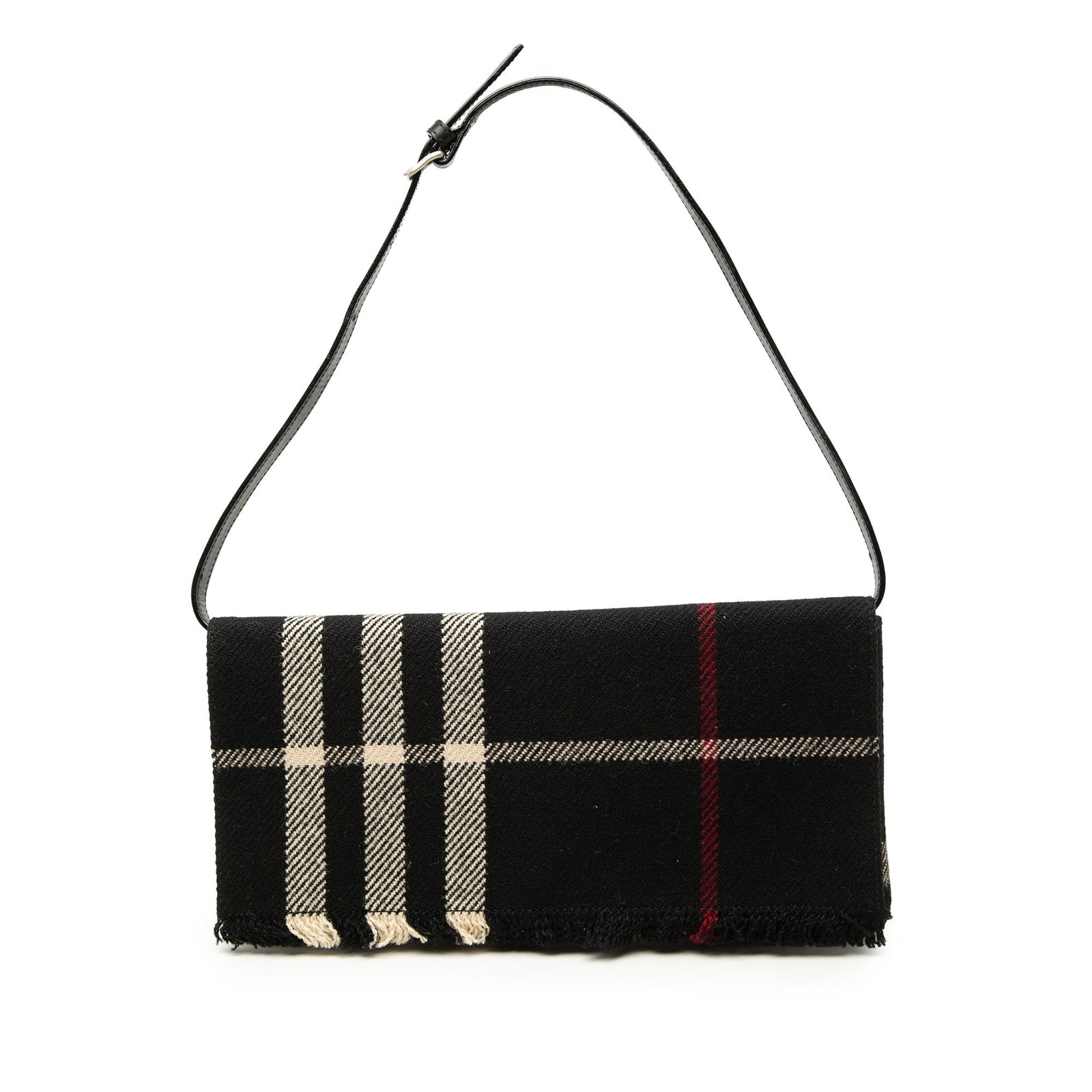 Burberry Exploded Check Fringe Wool Shoulder Bag Black: Burberry Exploded Check Fringe Wool Shoulder Bag Black Burberry Exploded Check Wool Fringe Shoulder Bag made in Italy. It features a wool body with fringe detail, an adjustable flat leather strap, a f