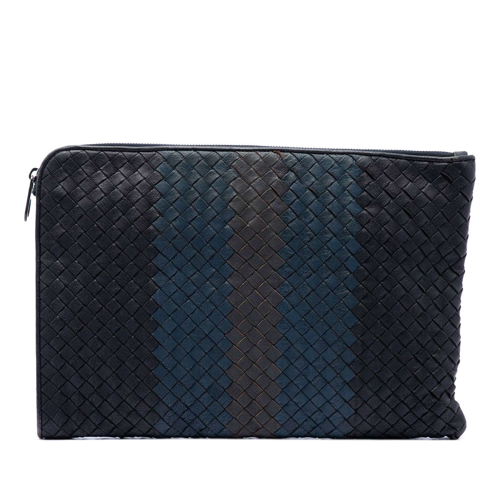 Bottega Veneta Intrecciato Leather Zip Clutch Tricolor Nappa: Bottega Veneta Intrecciato Leather Zip Clutch Tricolor Nappa Bottega Veneta Tricolor Nappa Intrecciato clutch with a woven leather body, top zip closure, and interior slip pockets. Made in Italy, this