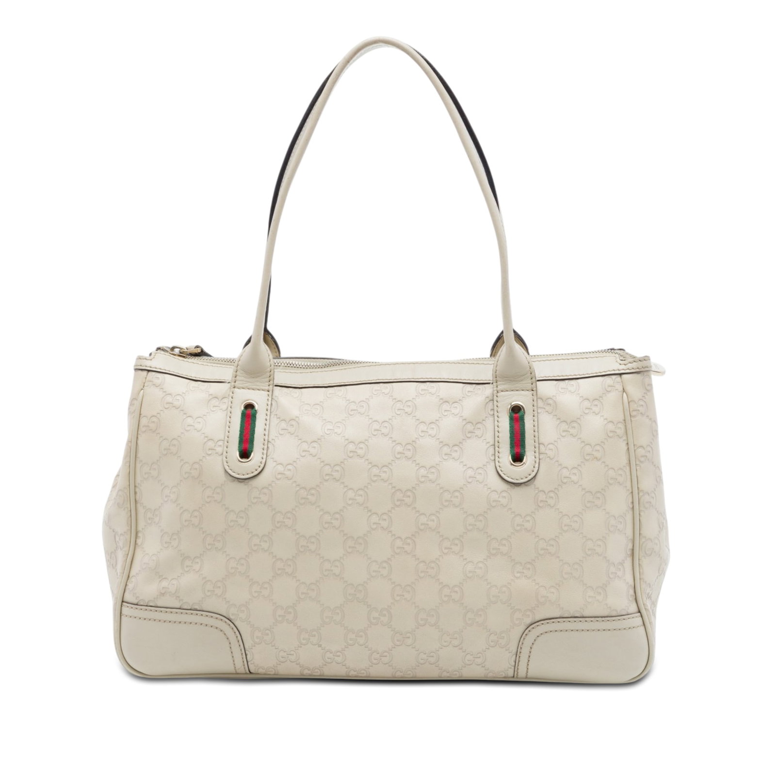 Gucci Princy Tote in Beige Guccissima Leather with Web Handles: Gucci Princy Tote in Beige Guccissima Leather with Web Handles Guccissima Web Princy tote bag in beige embossed leather with rolled leather handles and web detail. The bag features a top zip closure w