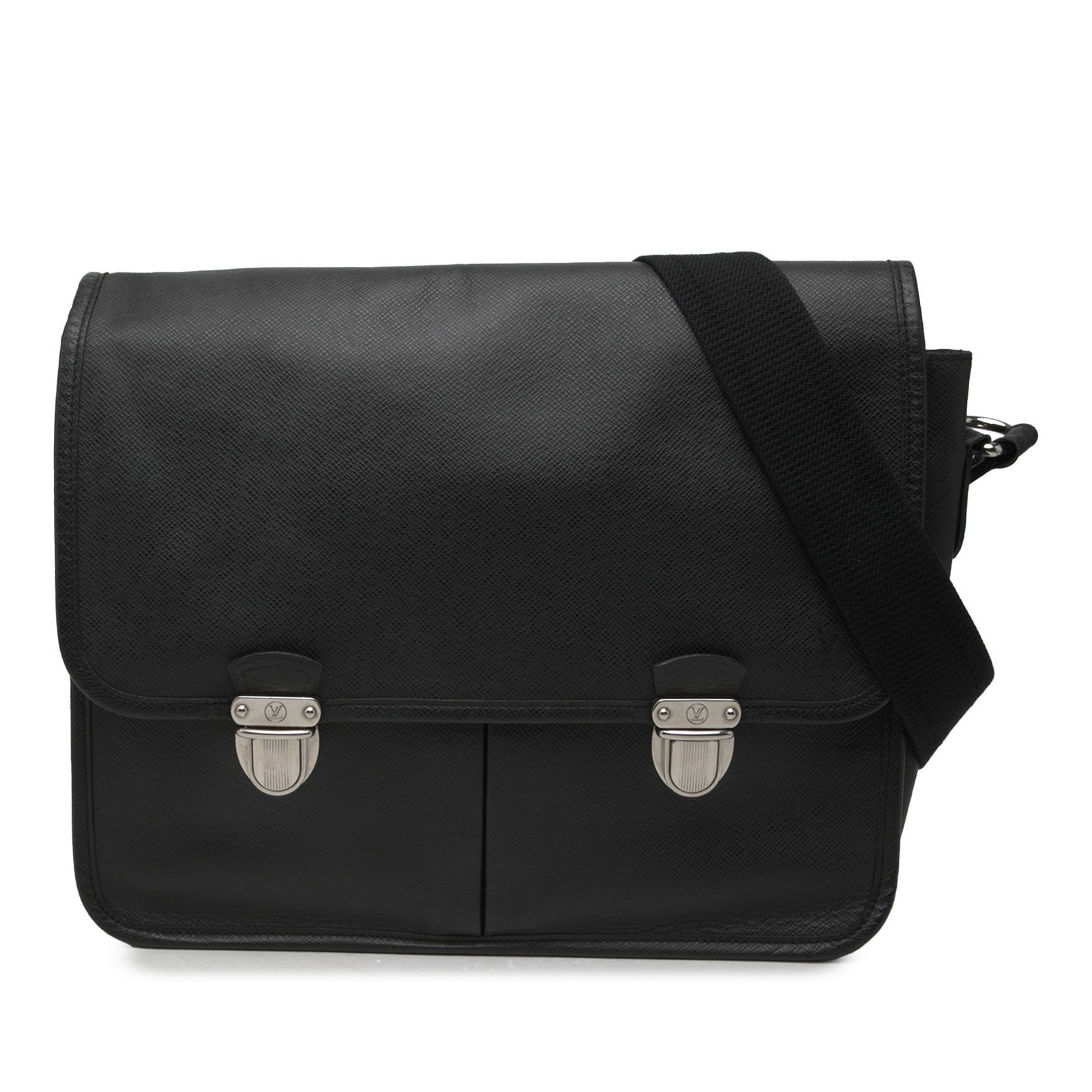 Louis Vuitton Alexei Messenger Bag in Black Taiga Leather: Louis Vuitton Alexei Messenger Bag in Black Taiga Leather Louis Vuitton Taiga Alexei Messenger bag crafted with a taiga leather body and an adjustable flat strap. The design includes a flap with push-
