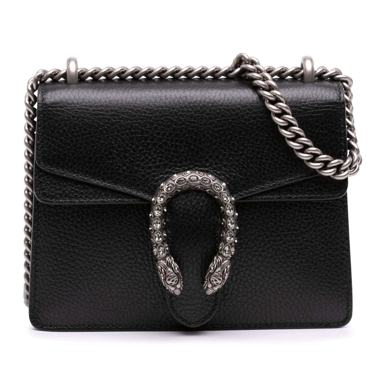 Gucci Dionysus Small Black Leather Crossbody Bag: Gucci Dionysus Small Black Leather Crossbody Bag Gucci Dionysus small crossbody bag crafted in black calfskin leather with a front flap and push lock closure. The design includes a silver-toned chain 