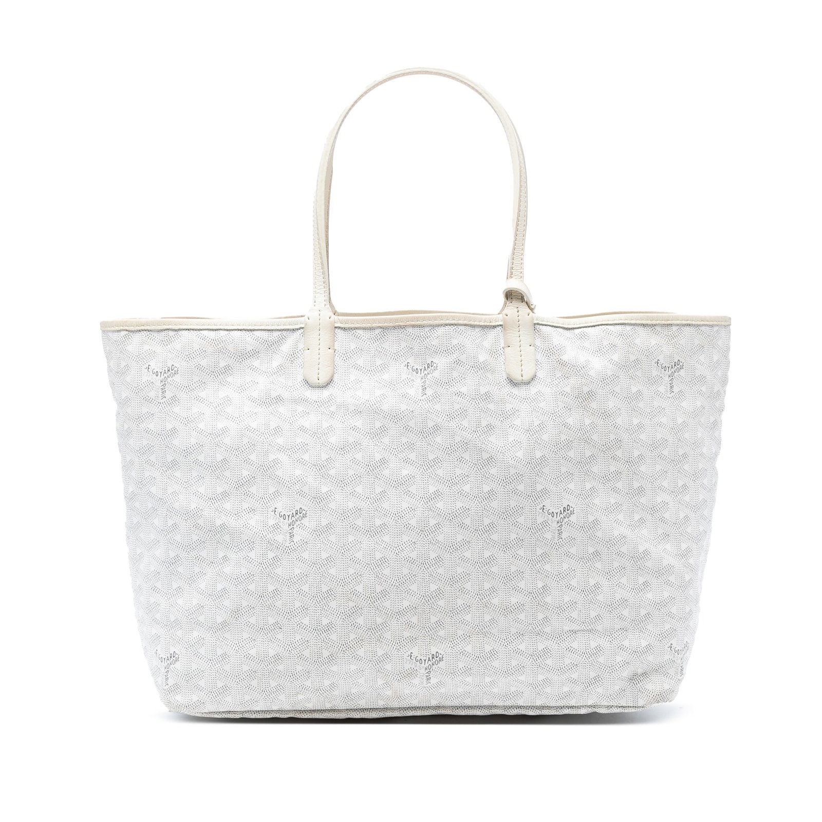 Goyard Saint Louis PM White Goyardine Tote with Pouch: Goyard Saint Louis PM White Goyardine Tote with Pouch Goyardine Saint Louis PM tote bag with a coated canvas body, leather trim, flat leather straps, an open top, and an included pouch. Condition AB. 