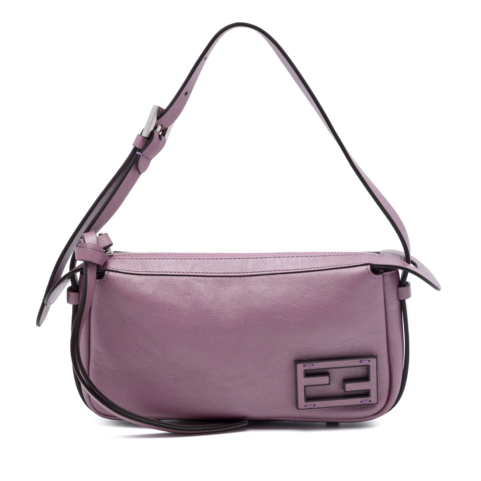 Fendi Simply Mini Shoulder Bag Metallic Pink Leather: Fendi Simply Mini Shoulder Bag Metallic Pink Leather A compact Fendi shoulder bag crafted in metallic calfskin leather with a flat shoulder strap and top zip closure. The pink design offers a sleek mi
