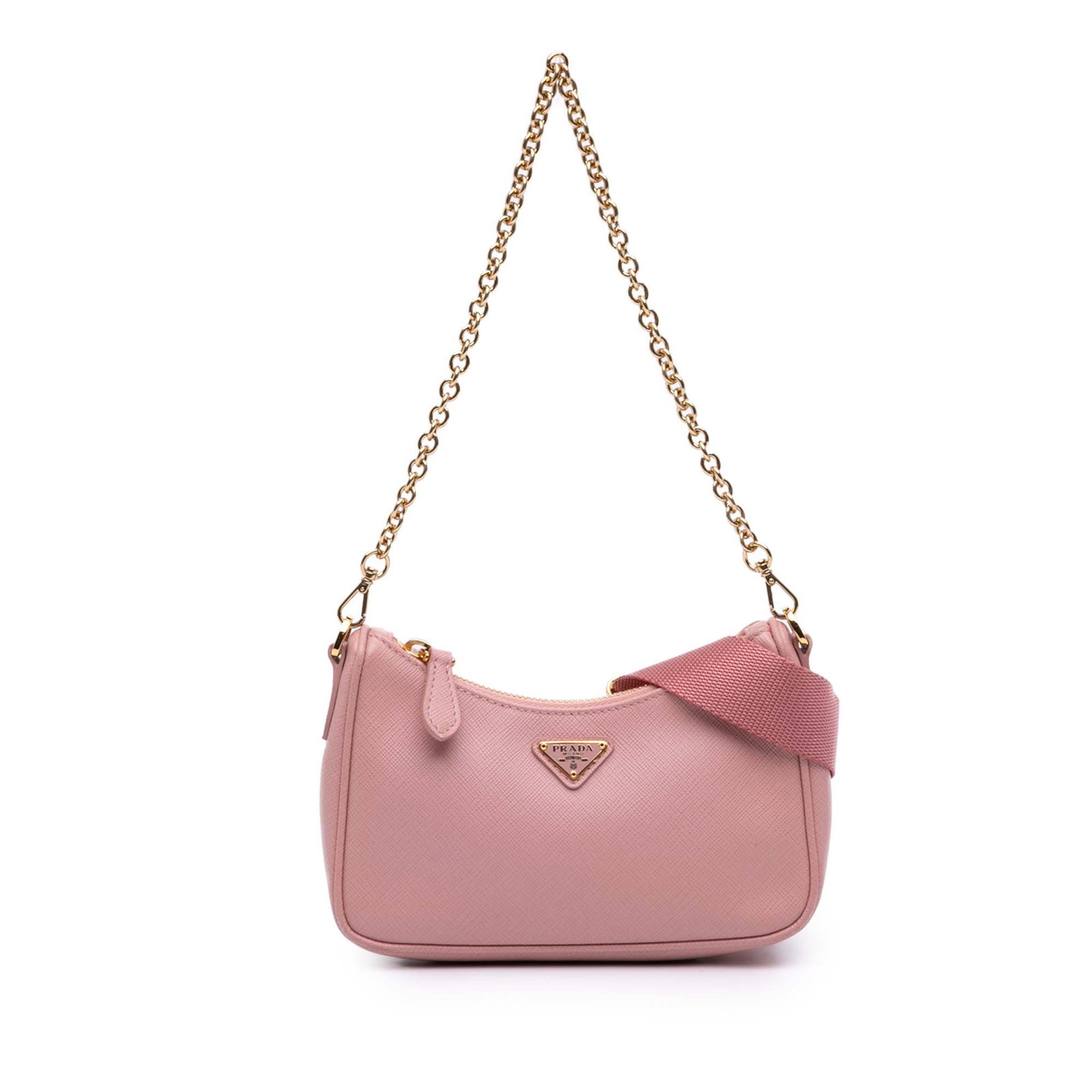 Prada Re Edition 2005 Saffiano Lux Leather Satchel with Pouch: Prada Re Edition 2005 Saffiano Lux Leather Satchel with Pouch This Prada Saffiano Lux Re Edition 2005 Satchel is crafted in saffiano leather with a pink finish and features a gold-tone chain strap, a 