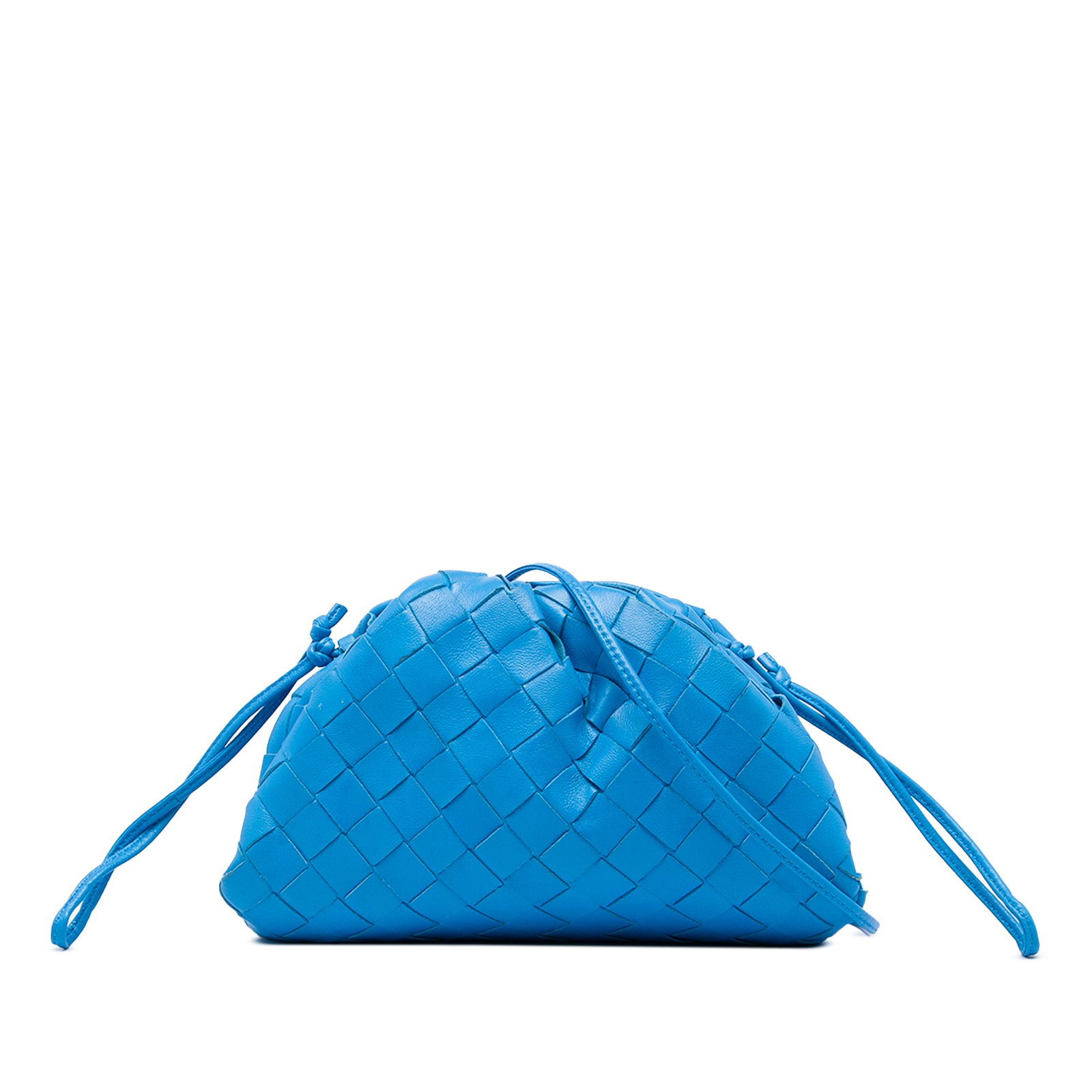 Blue Leather Crossbody Bottega Veneta The Mini Pouch Intrecciato: Blue Leather Crossbody Bottega Veneta The Mini Pouch Intrecciato Bottega Veneta The Mini Pouch Crossbody is crafted in blue woven leather with a flat leather strap and magnetic snap closure. Made in I