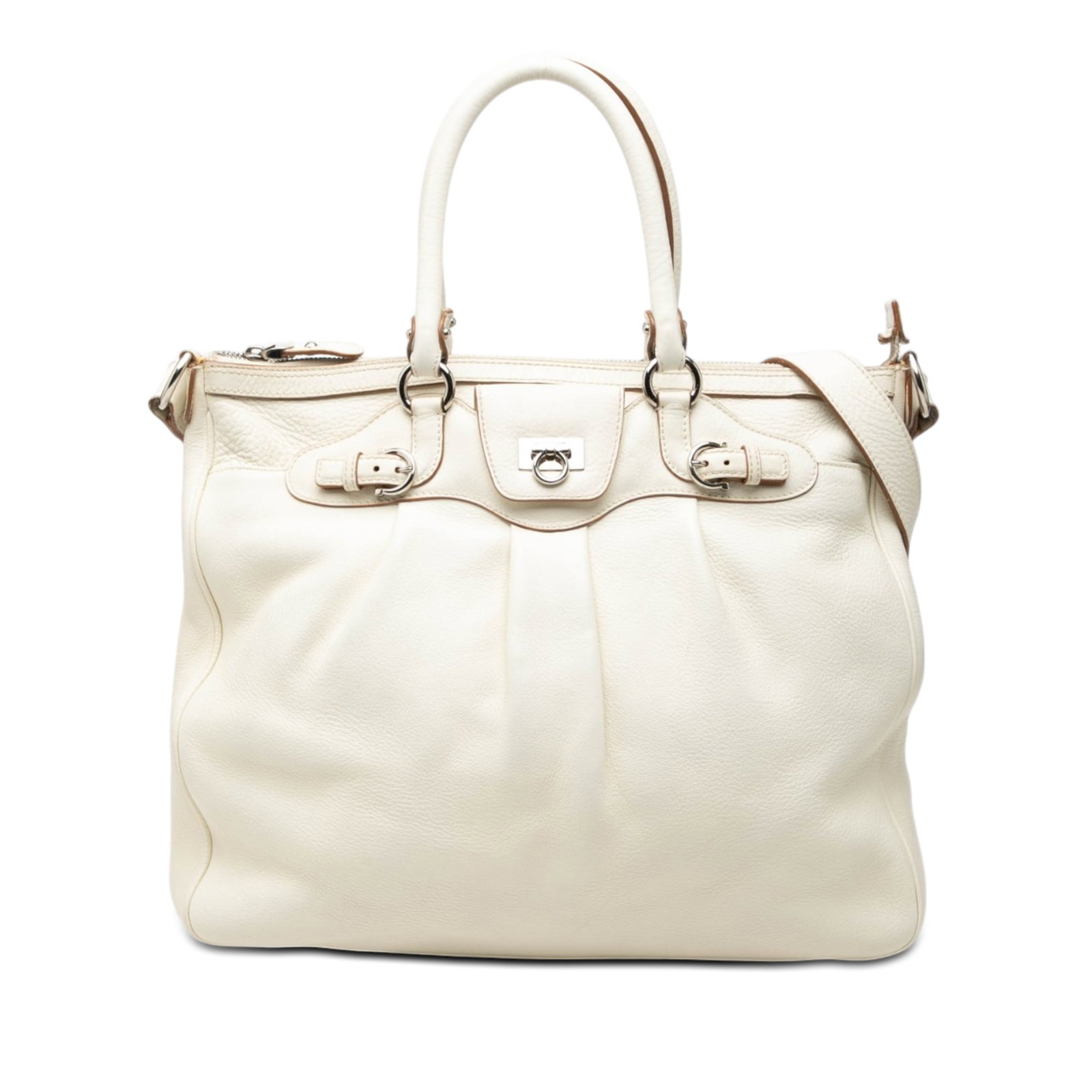 Ferragamo Gancini White Leather Satchel with Shoulder Strap: Ferragamo Gancini White Leather Satchel with Shoulder Strap Ferragamo Leather Gancini Convertible Tote in white leather with rolled handles, a flat shoulder strap, top zip closure, and interior zip an