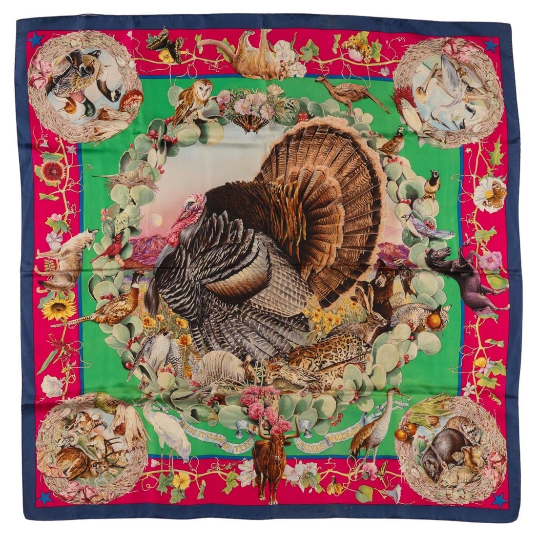 Hermes Faune et Flore du Texas Silk Scarf 35 in: Hermes Faune et Flore du Texas Silk Scarf 35 in Celebrate Texas heritage with the exquisite Hermes "Faune et Flore du Texas" scarf. Crafted from 100% silk, this luxurious scarf features a stunning des