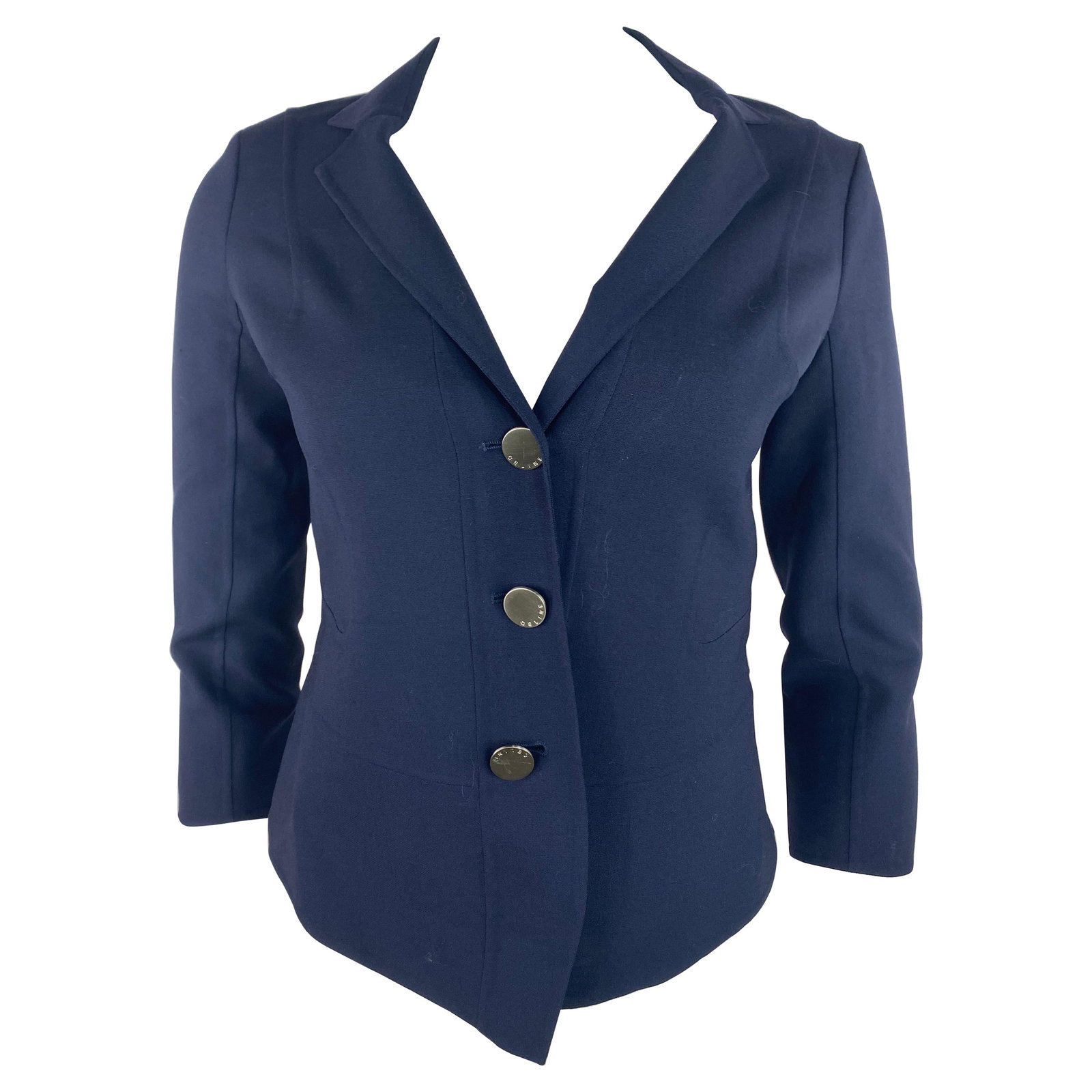 Celine Wool Jacket Navy 3 4 Sleeve EU 36: Celine Wool Jacket Navy 3 4 Sleeve EU 36 Celine navy blazer jacket in marked size 36 (EU). Made from 94% wool, it features 3/4 length sleeves, three silver tone buttons, and a front matching button cl