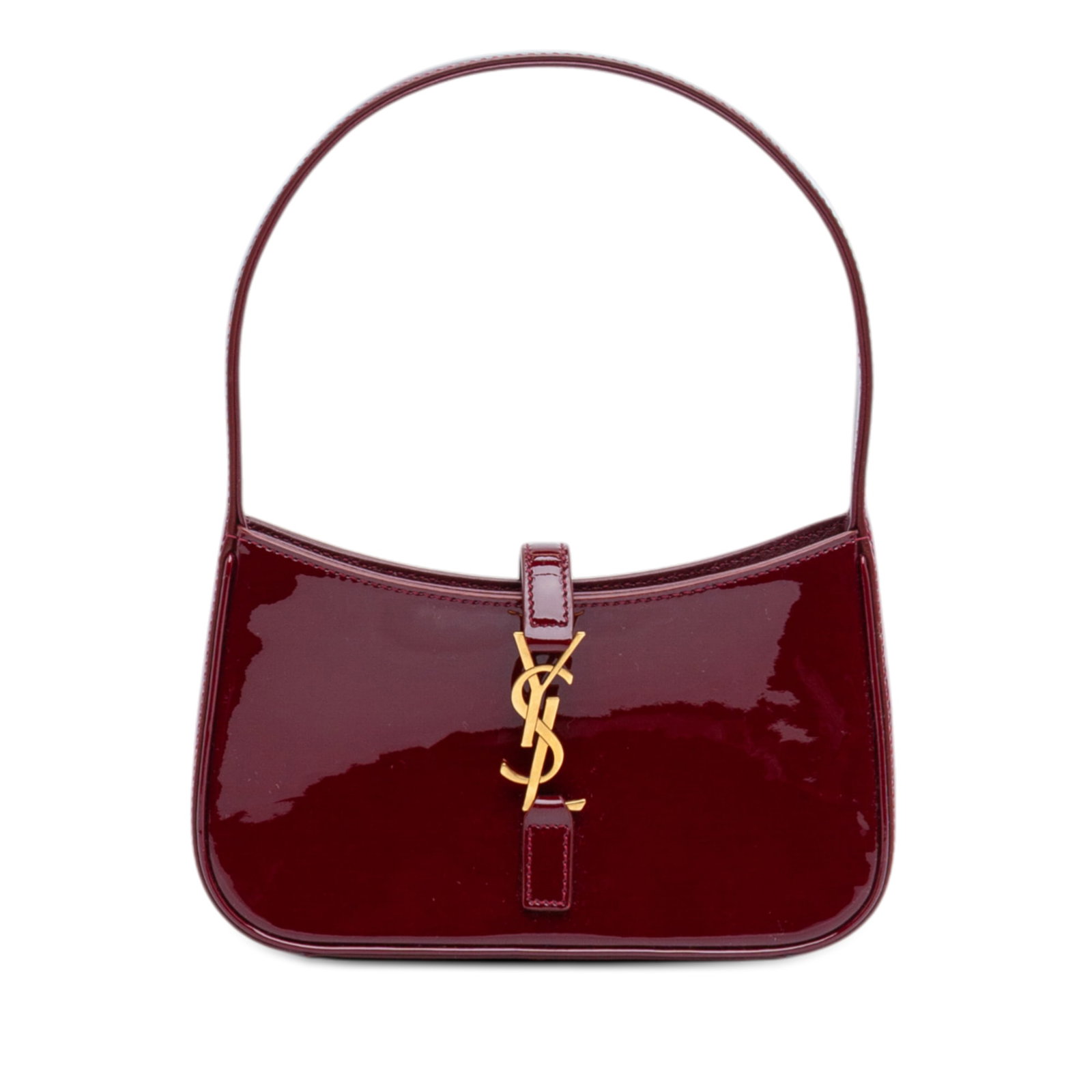 Saint Laurent Mini Le 5 a 7 patent leather shoulder bag: Saint Laurent Mini Le 5 a 7 patent leather shoulder bag This Saint Laurent Mini Patent Le 5 a 7 bag features a red patent leather body with a flat leather shoulder strap, a front pull-through closure,