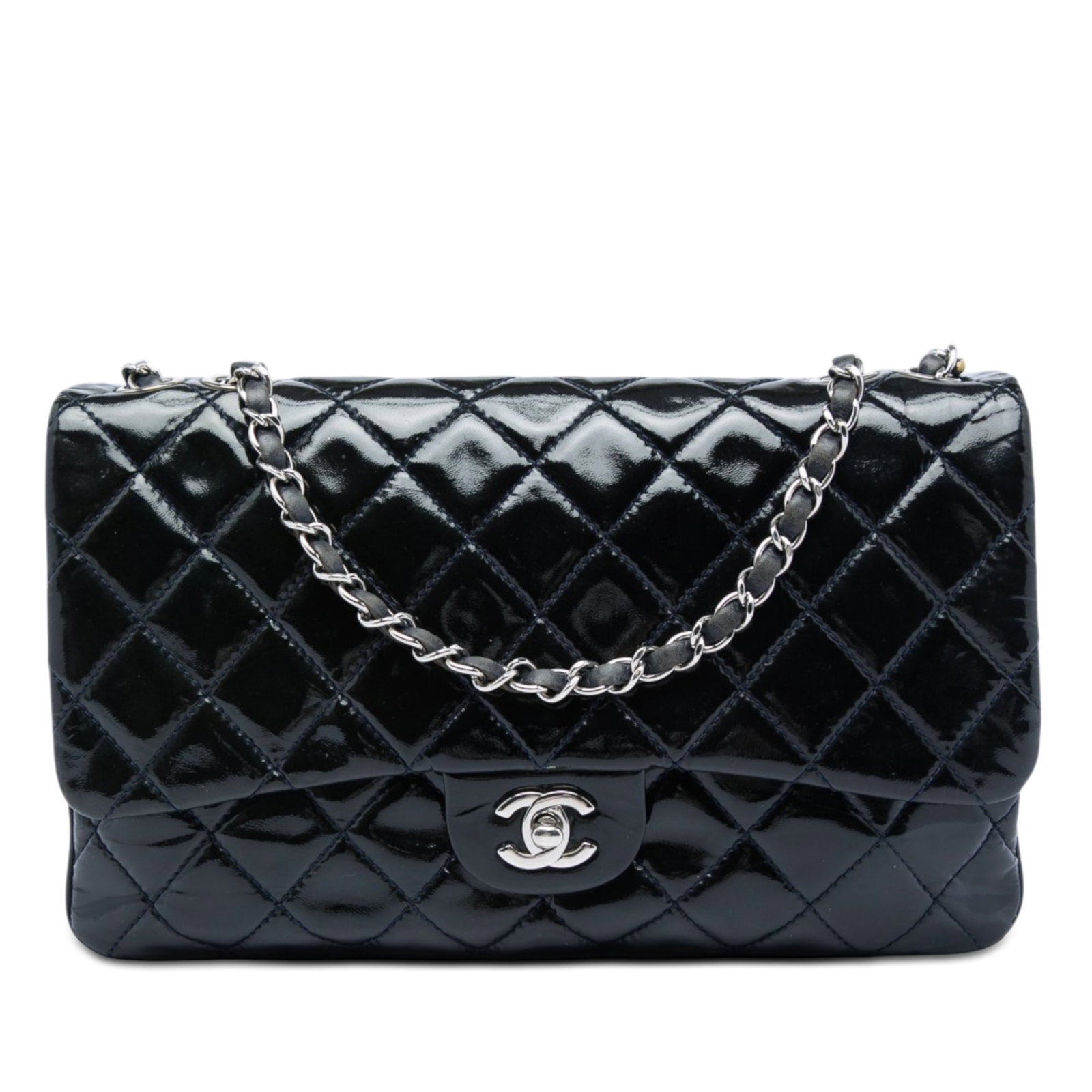 Chanel Jumbo Patent Leather Flap Shoulder Bag Blue: Chanel Jumbo Patent Leather Flap Shoulder Bag Blue Chanel Jumbo Quilted Patent 3 Compartment Flap shoulder bag in blue patent leather. This bag features silver-tone leather-woven chain link straps, a 