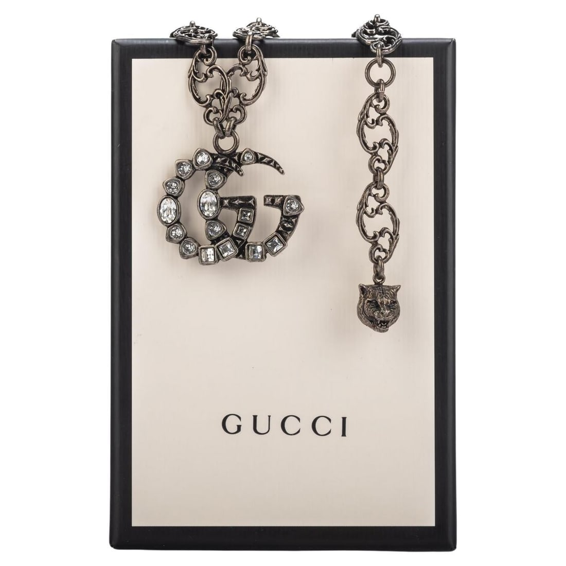 Gucci Gunmetal Necklace with Crystal GG Logo Italy 2021: Gucci Gunmetal Necklace with Crystal GG Logo Italy 2021 This exquisite Gucci necklace features a striking gunmetal finish and showcases a crystal GG logo pendant that adds a touch of elegance to any o