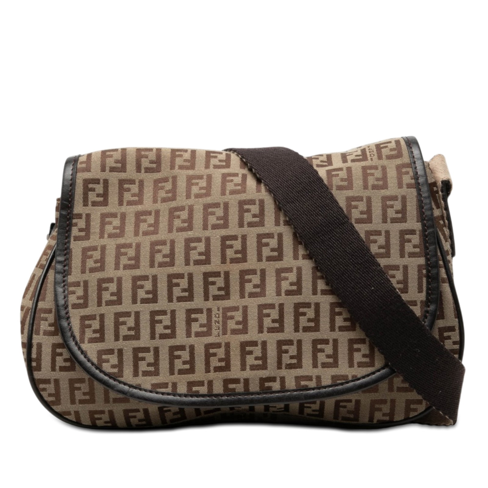 Fendi Zucchino Brown Canvas Crossbody Bag with Leather Trim: Fendi Zucchino Brown Canvas Crossbody Bag with Leather Trim Fendi Zucchino canvas crossbody bag with leather trim and an adjustable flat shoulder strap. The design includes a front flap with magnetic 